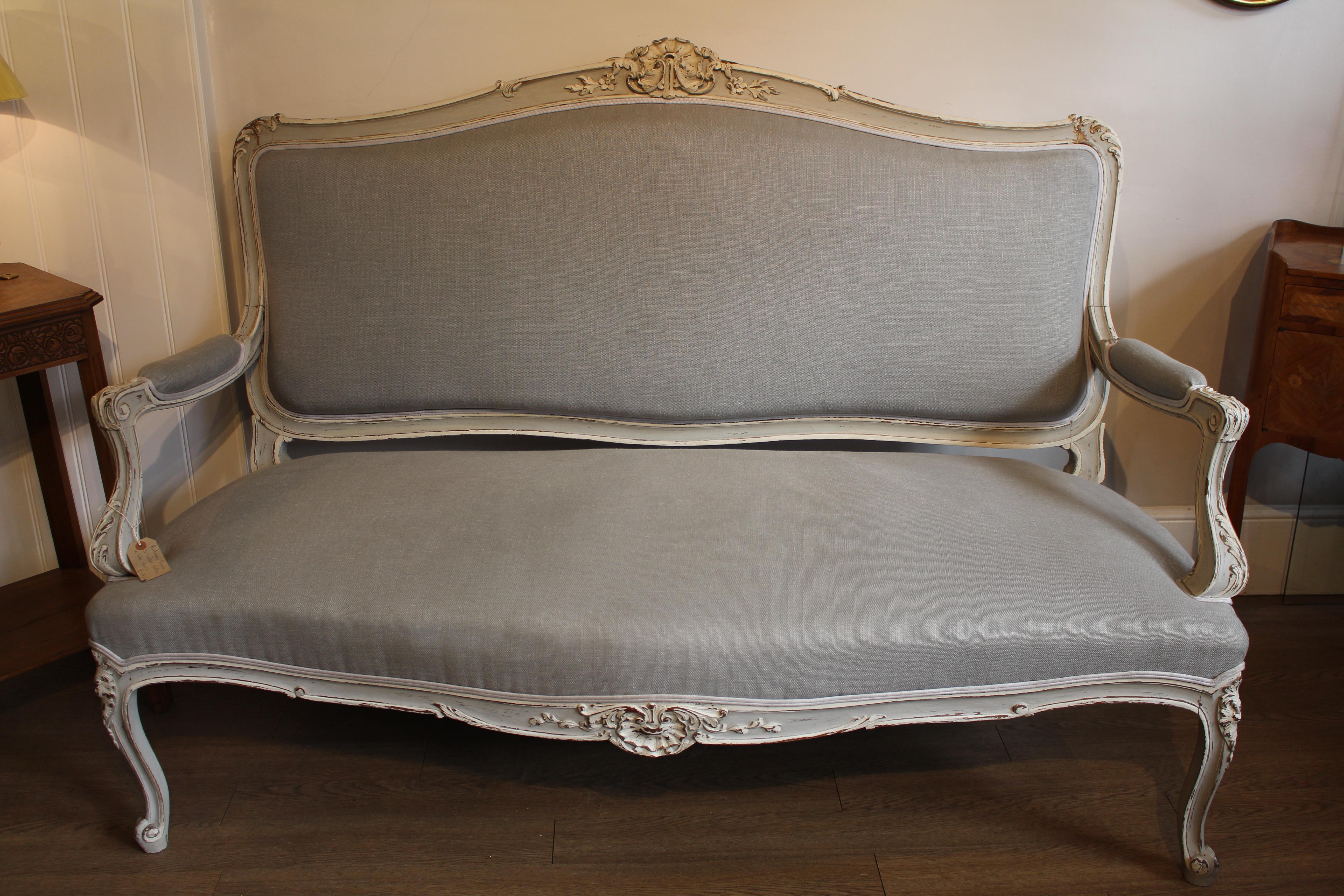 Louis XV Re-Upholstered Antique Large French Carved Painted 3-Seat Canapé or Sofa For Sale