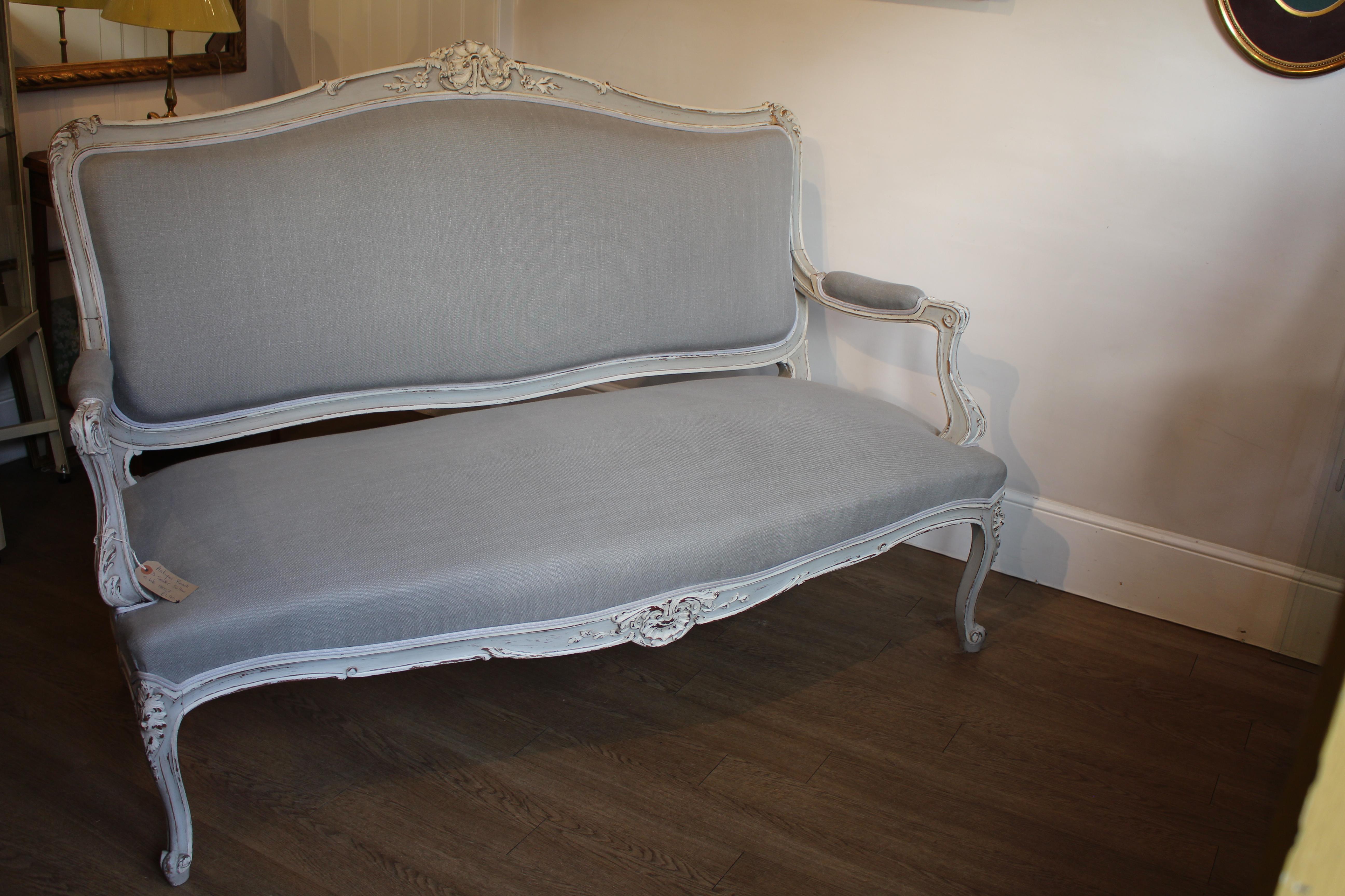 Hand-Carved Re-Upholstered Antique Large French Carved Painted 3-Seat Canapé or Sofa For Sale