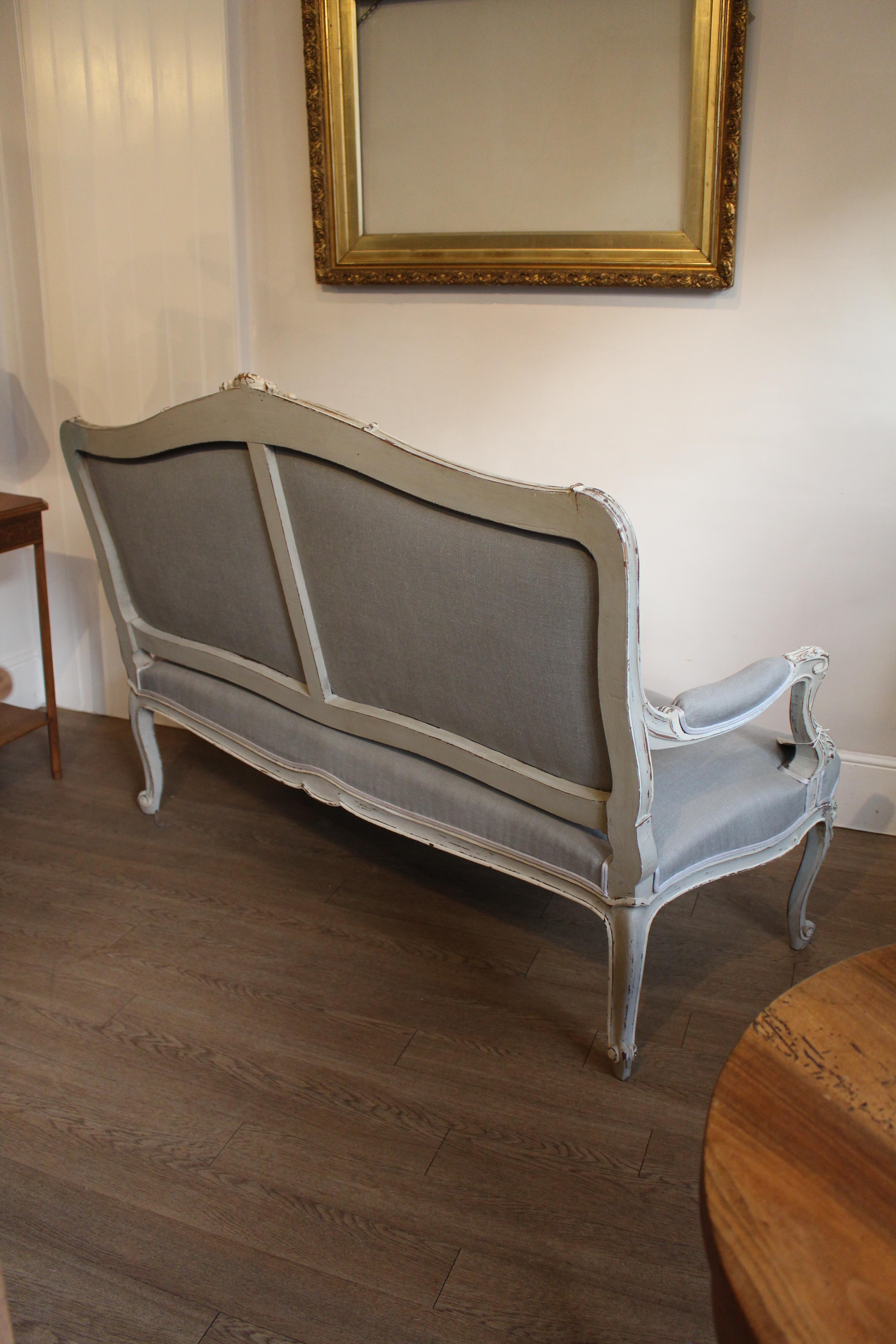 Re-Upholstered Antique Large French Carved Painted 3-Seat Canapé or Sofa For Sale 1