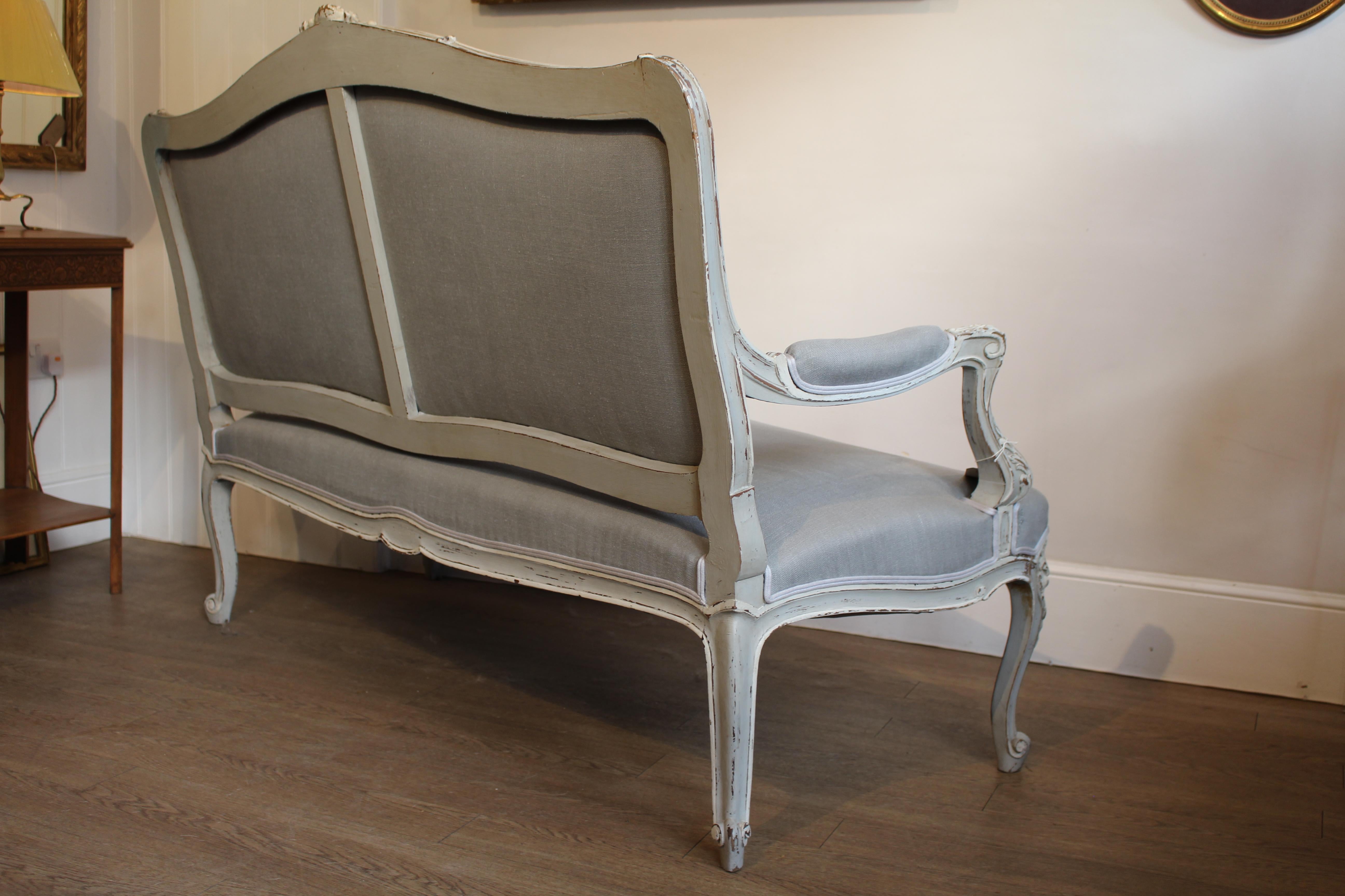 Re-Upholstered Antique Large French Carved Painted 3-Seat Canapé or Sofa For Sale 2