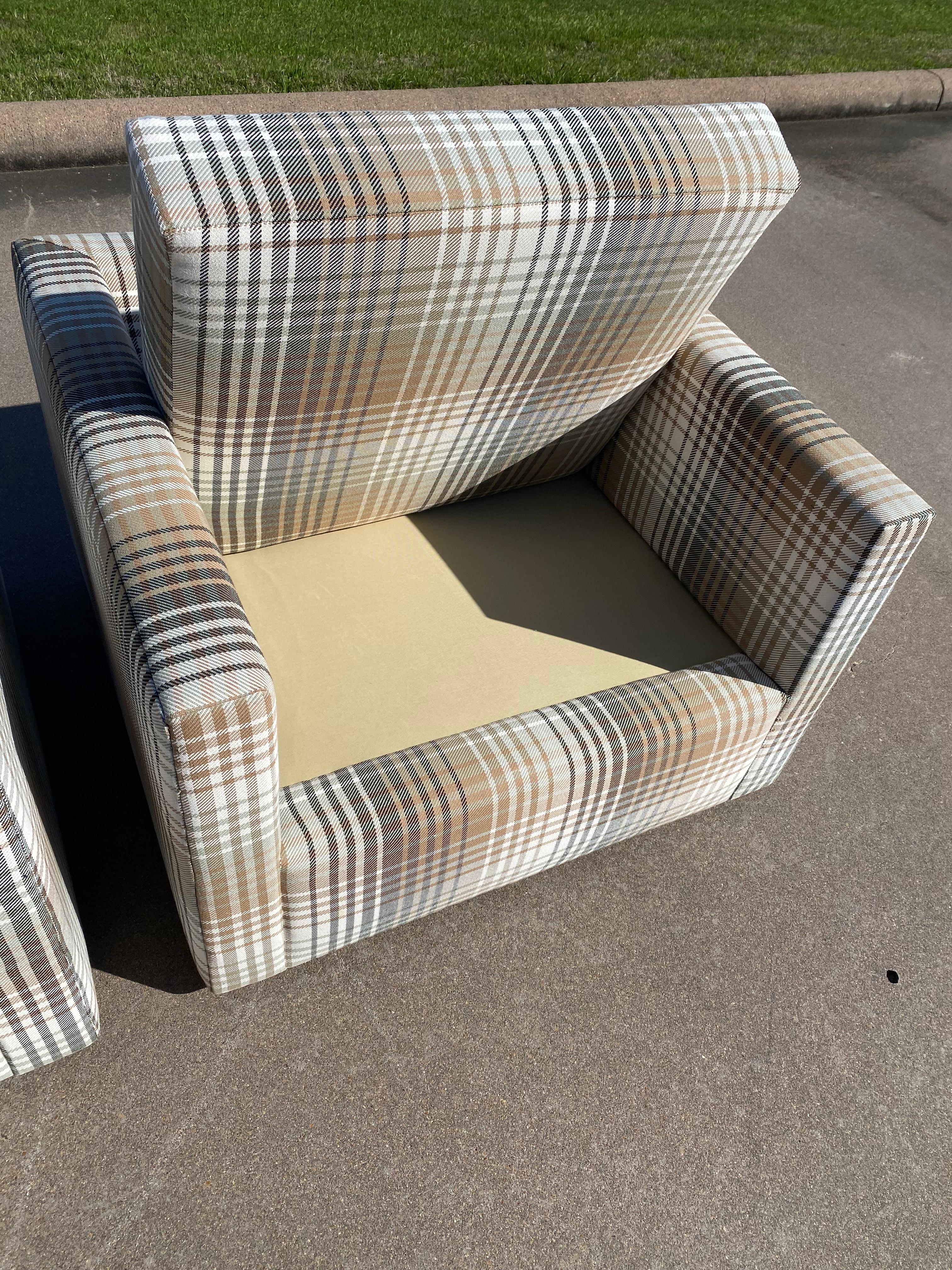 Milo Baughman-Style New Upholstery Plaid Cube Lounge Chairs, a Pair For Sale 5