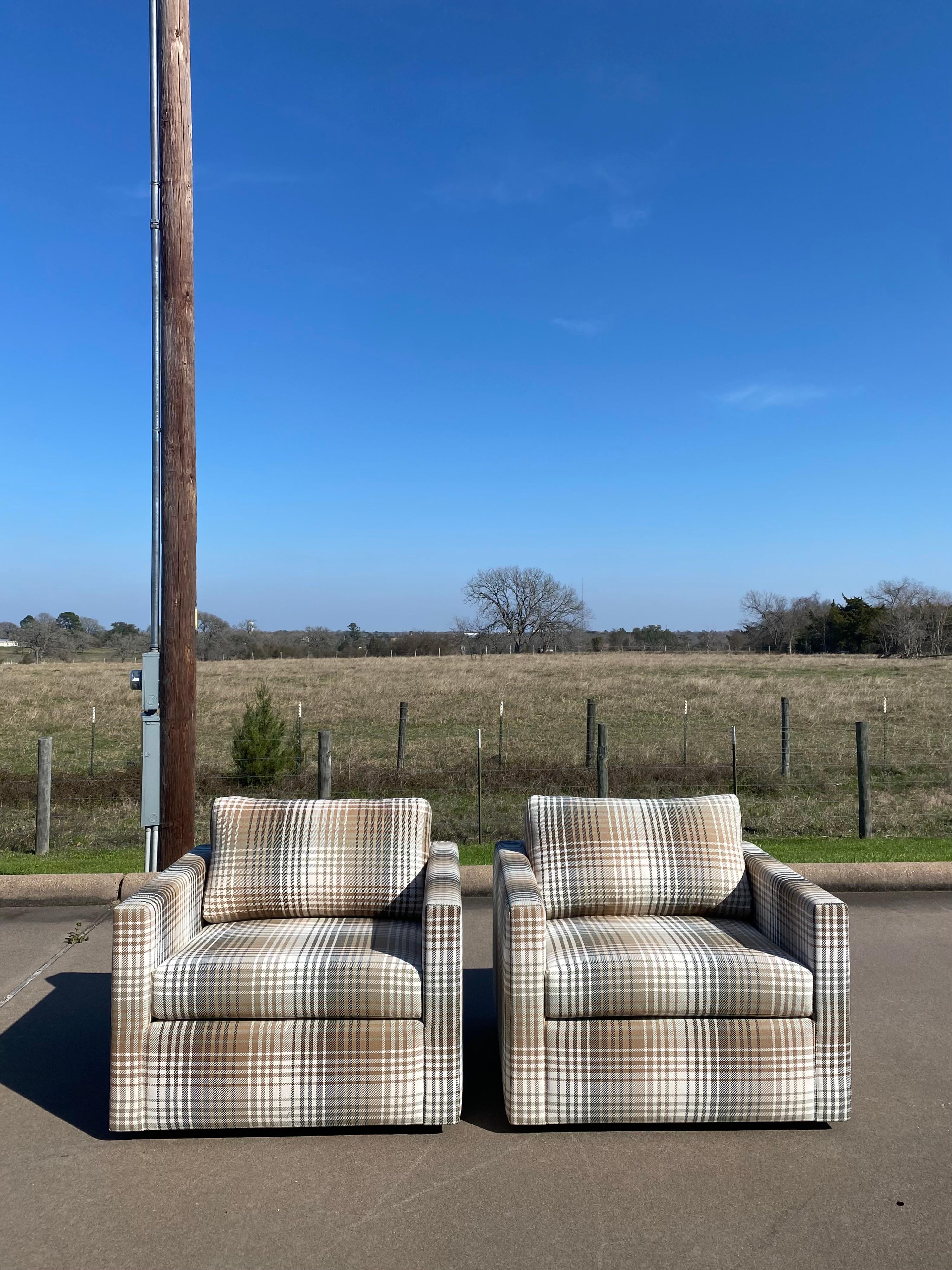 American Milo Baughman-Style New Upholstery Plaid Cube Lounge Chairs, a Pair For Sale