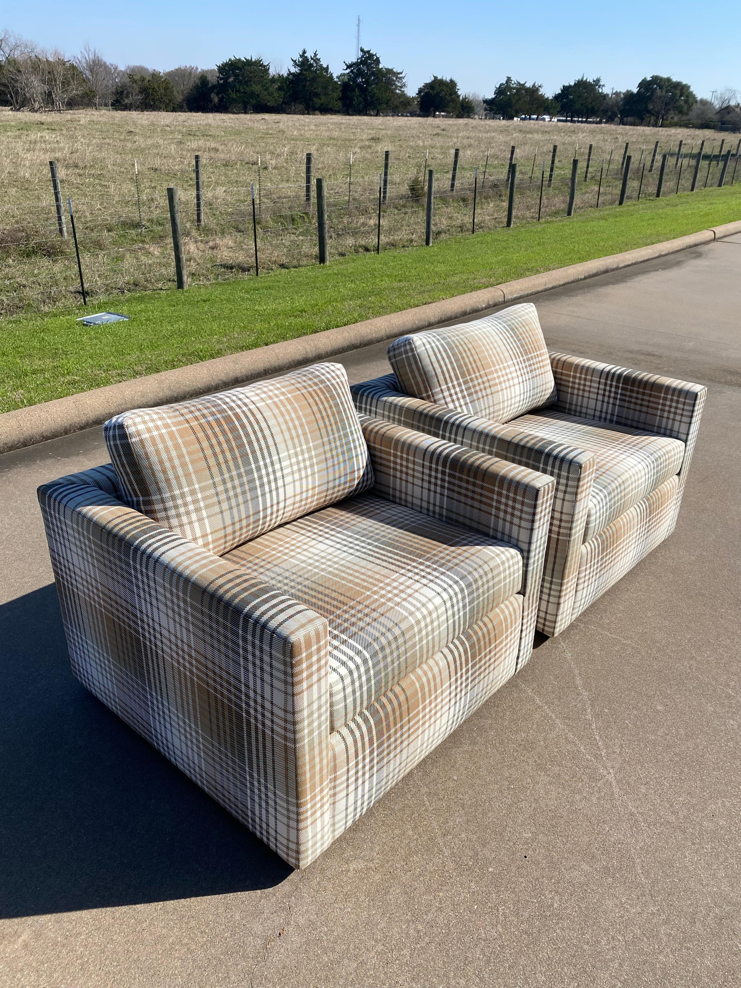 Hand-Crafted Milo Baughman-Style New Upholstery Plaid Cube Lounge Chairs, a Pair For Sale