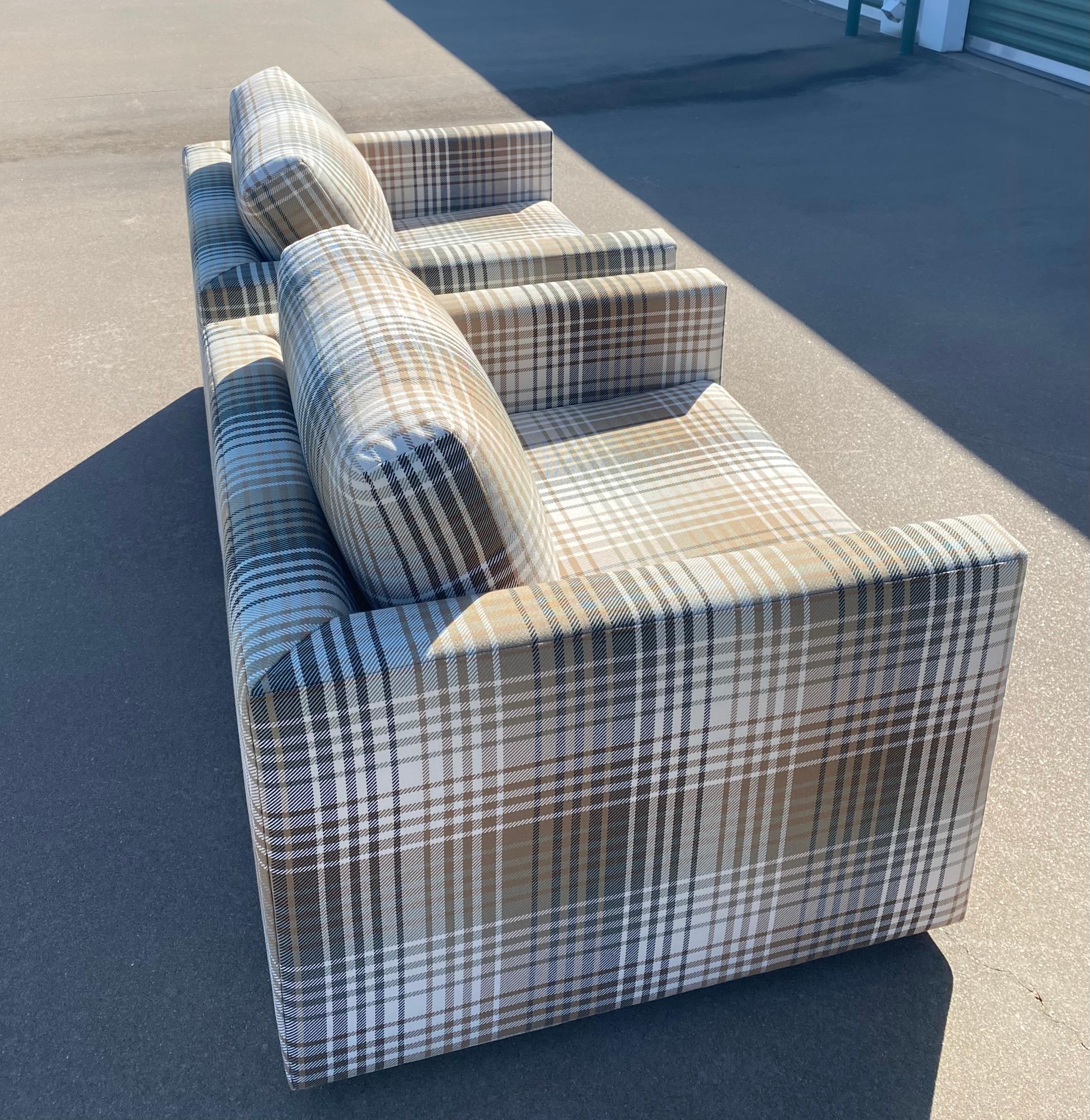 20th Century Milo Baughman-Style New Upholstery Plaid Cube Lounge Chairs, a Pair For Sale