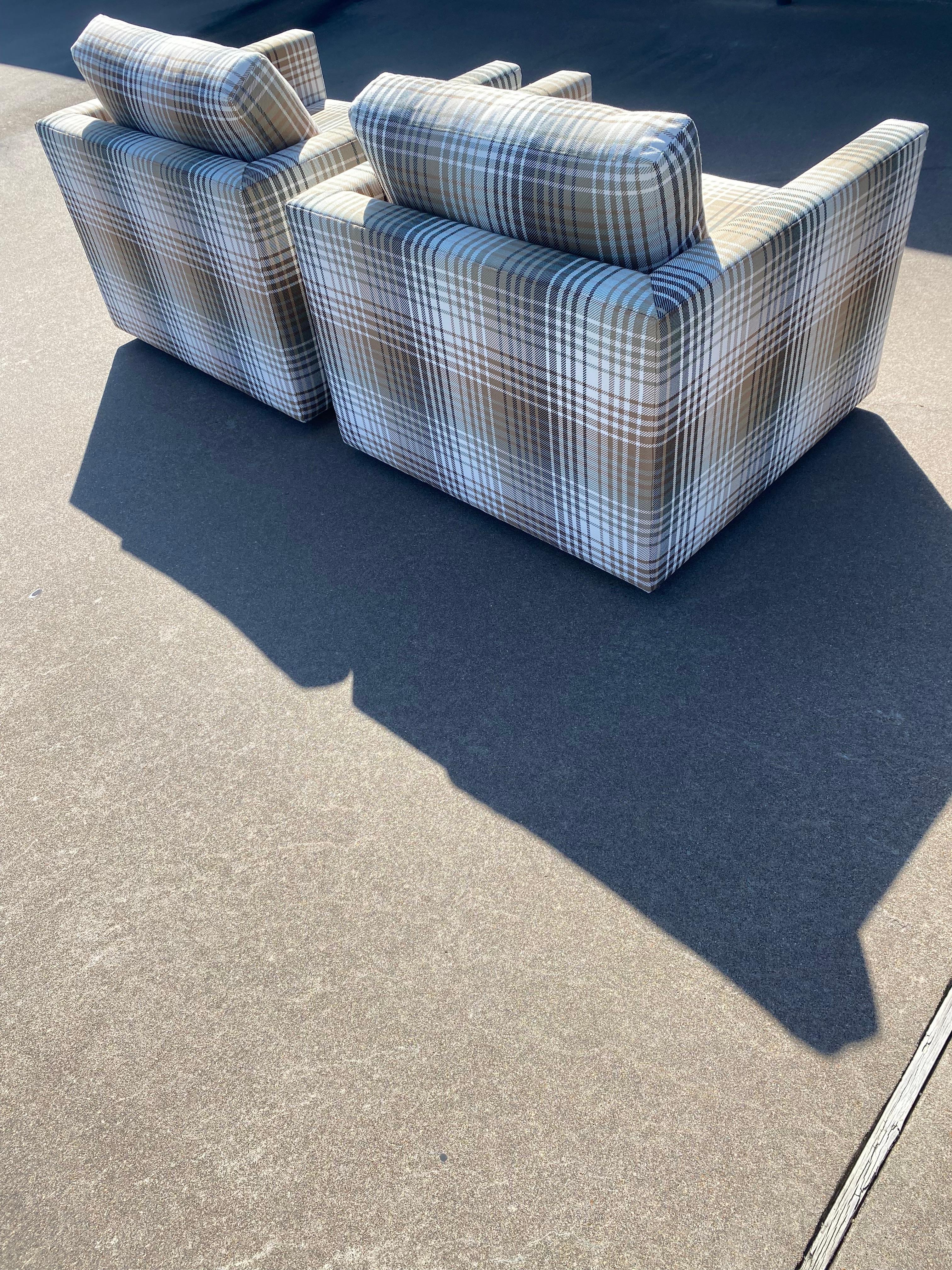 Cotton Milo Baughman-Style New Upholstery Plaid Cube Lounge Chairs, a Pair For Sale