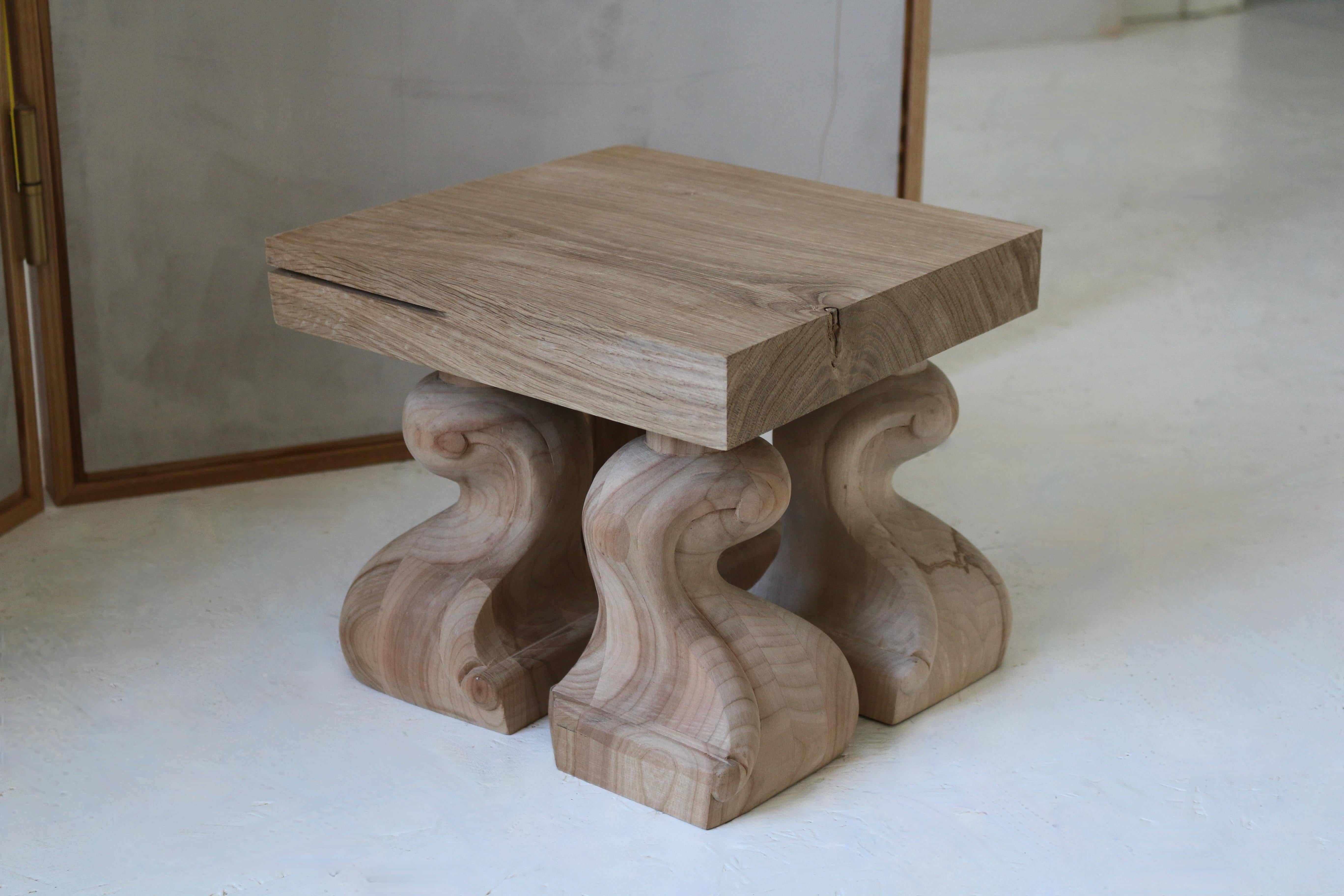 Minimalist RE:02 raw sculpted wood side table  For Sale