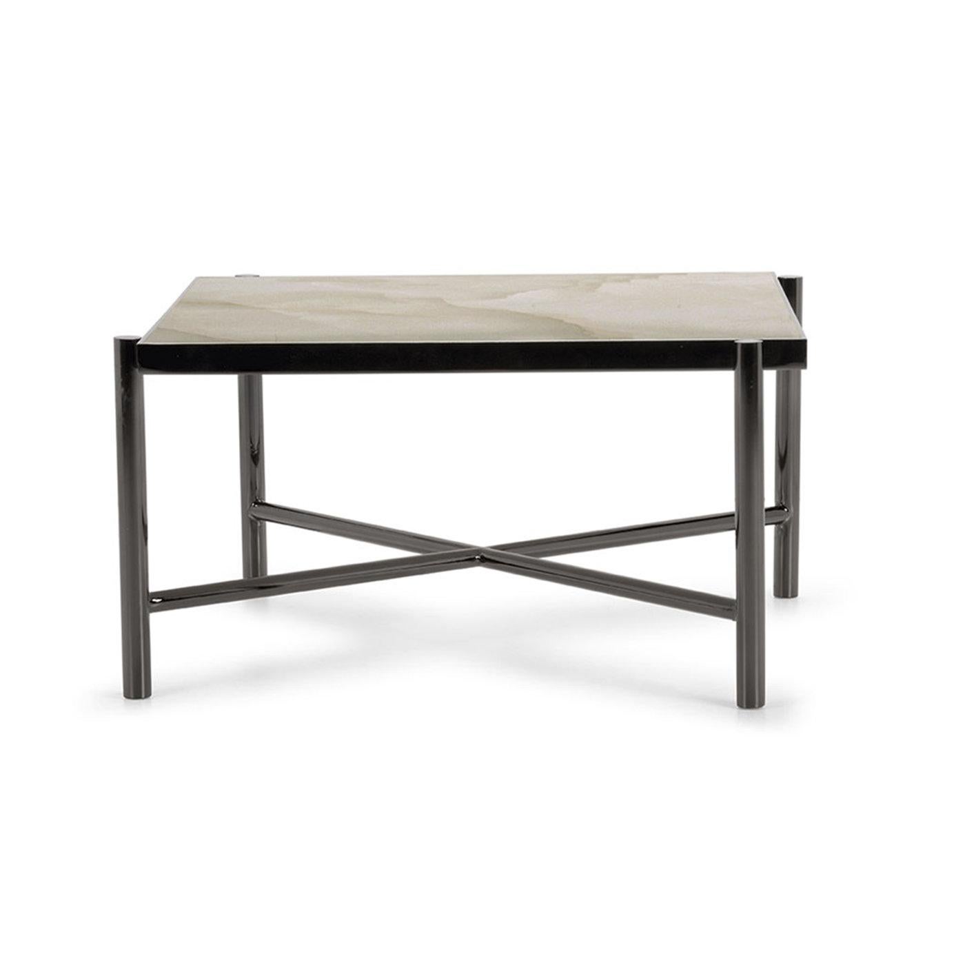 Rhea, Titaness and mother of Zeus in Greek mythology, inspired the mismatched yet harmonious lines defining this sophisticated coffee table whose color palette conveys a sense of simple flair. Entirely handcrafted, the sleek structure in
