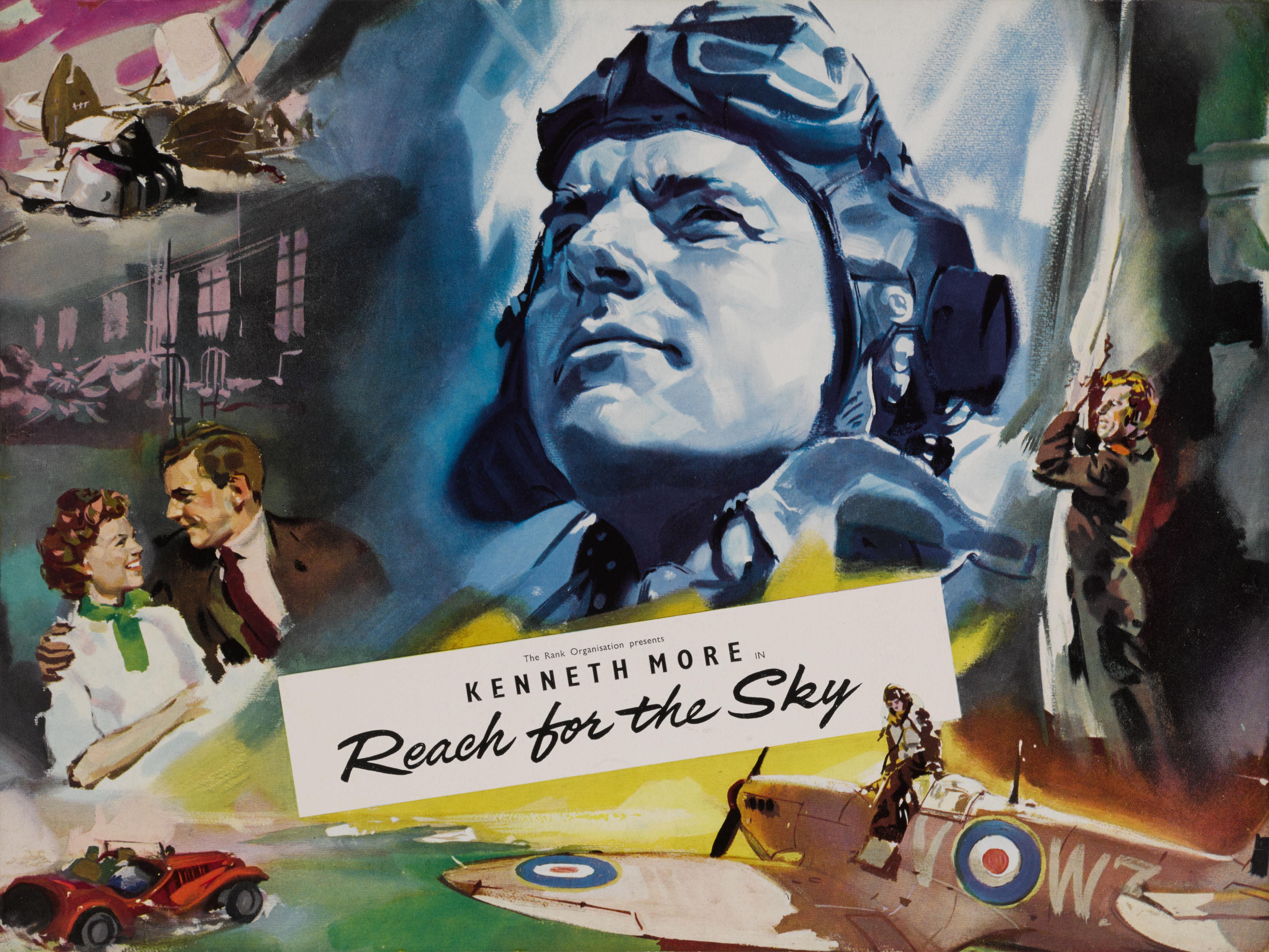 Synoptiques couleur britanniques originaux pour le film Reach for the Sky, 1956
Ce film est un biopic sur le capitaine de groupe de la RAF Douglas Bader qui, après avoir perdu ses deux jambes dans un accident d'acrobatie aérienne, a piloté un avion