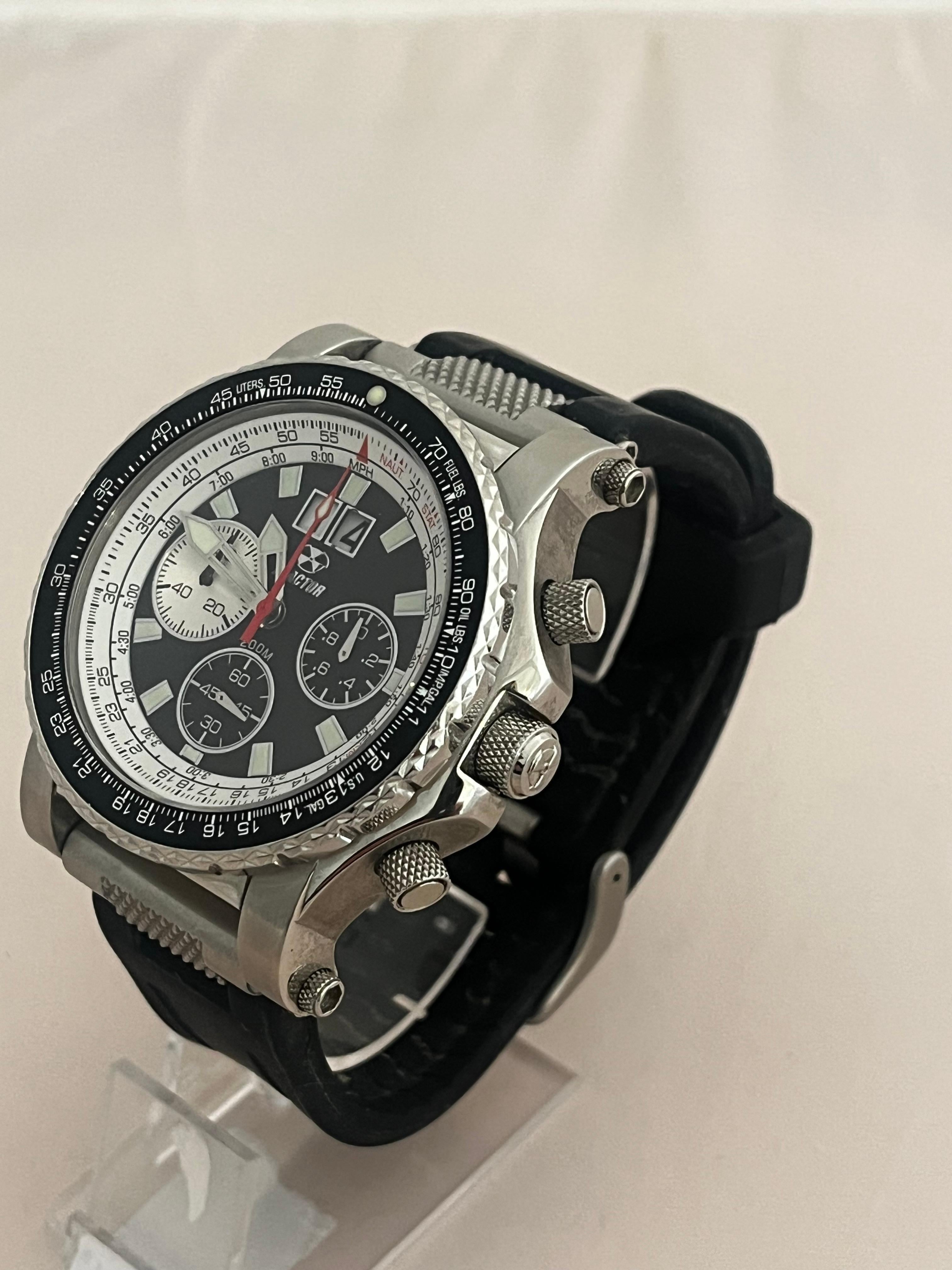 A professional pilots watch, this over sized Reactor Pilot Valkrye has a Japanese-quartz Movement.  Its also
Water resistant 200m (660ft): in general, suitable for professional marine activity and serious surface water sports. In addition it has a