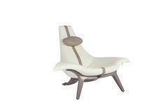 Reading Lounge Chair Upholstered in Leather with Headrest, Cream & Beach Gray