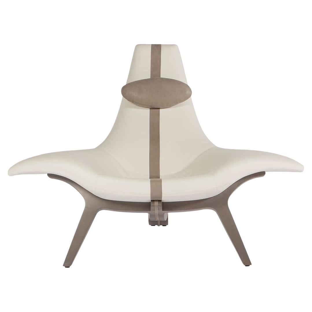 Reading Lounge Chair Upholstered in Leather with Headrest, Cream & Beach Gray