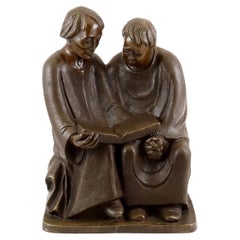 Reading Monks Sculpture in Bronze, 20th Century, Art Deco