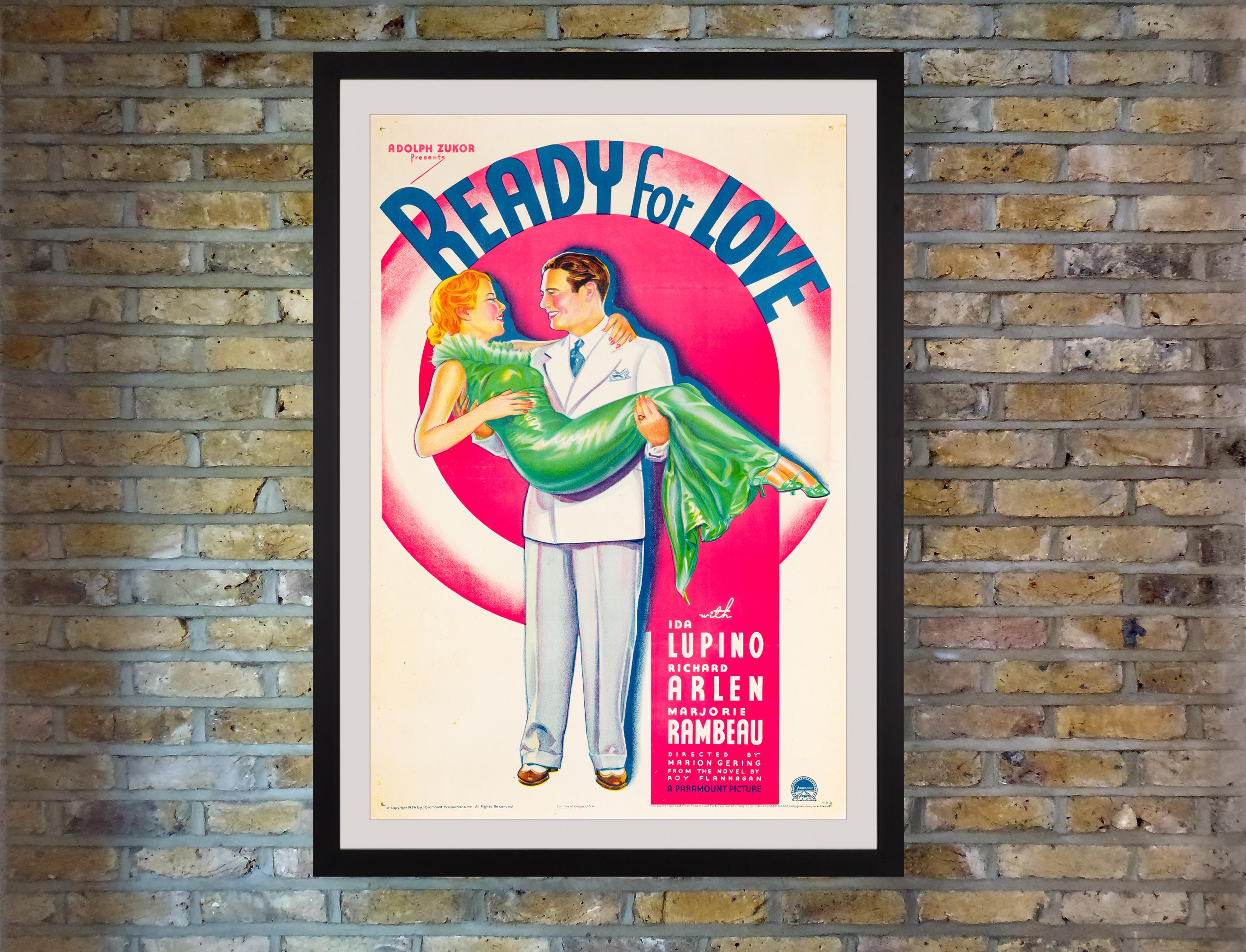 The dazzling Art Deco design, standout typography and vividly contrasting candy pink and emerald green tones combine to irresistible effect on this rare US One Sheet poster for the 1934 Paramount Pictures romantic comedy ‘Ready For Love.’ The