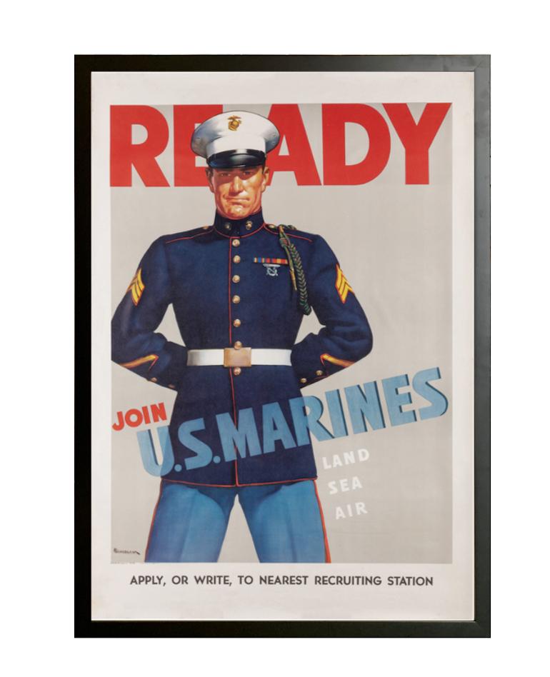 This is an original World War II Marines recruitment poster, issued in 1942. The poster depicts a uniformed Marine, standing strong and proud at attention. The persuasive text reads 