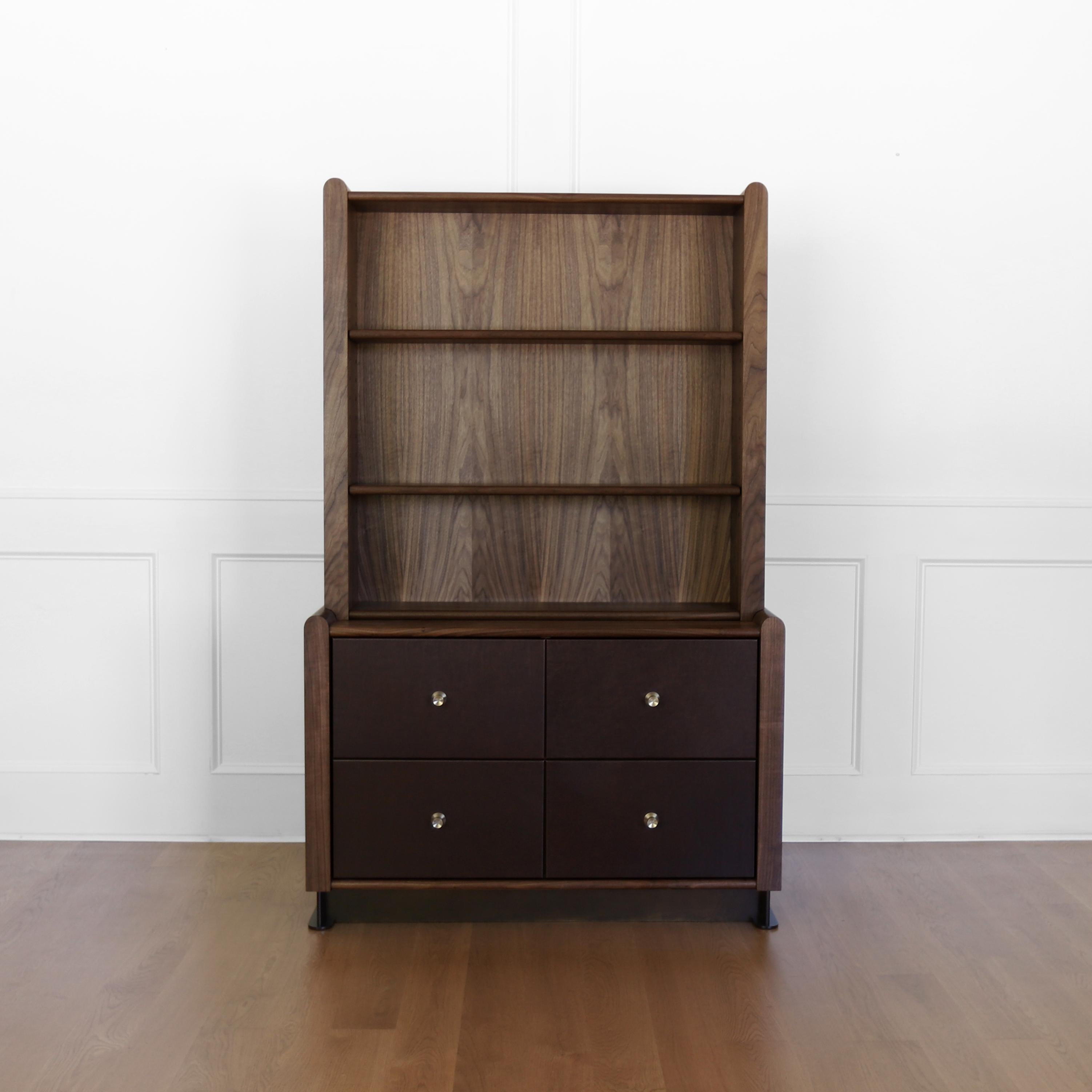 Alton Hutch / Bookcase by Crump and Kwash 

Featuring a solid walnut case / adjustable walnut shelves / oiled finish / leather wrapped drawer fronts / premium, full extension, soft close drawer slides / solid maple, dovetailed drawer boxes /