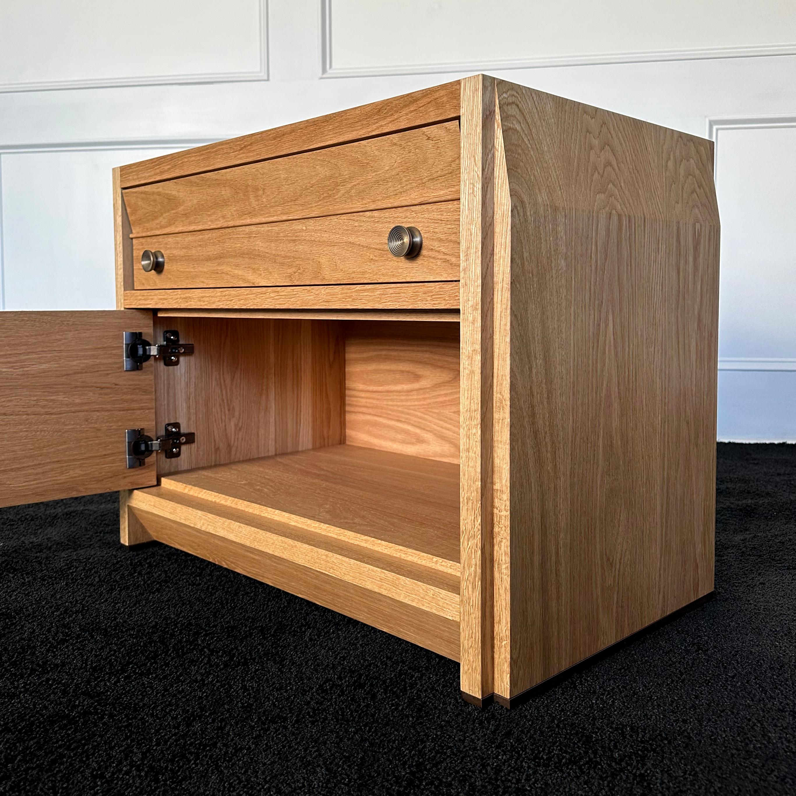 Contemporary READY TO SHIP Octavia nightstands by Crump and Kwash / White oak and Leather  For Sale