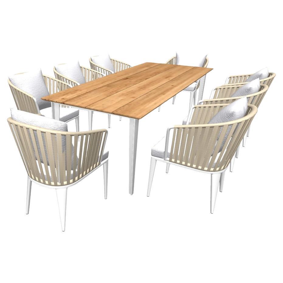 Ensemble de salle à manger d'extérieur prêt à expédier : 8 chaises en corde et table à manger en teck