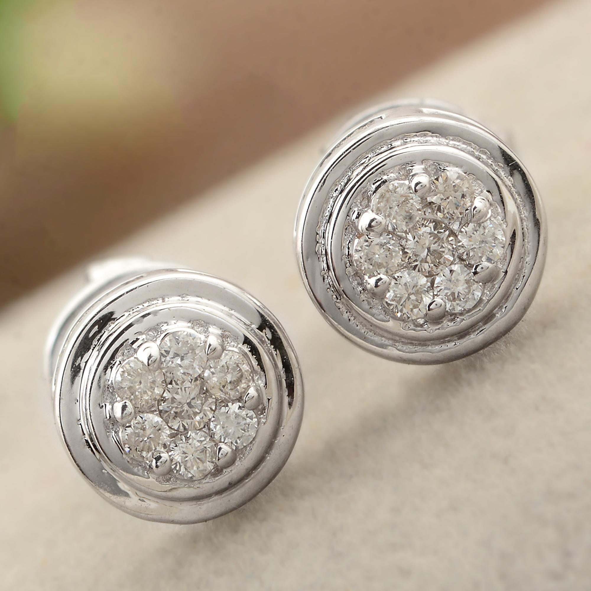 Round Cut Real 0.11 Carat Diamond Pave Stud Earrings Solid 10k White Gold Handmade Jewelry For Sale