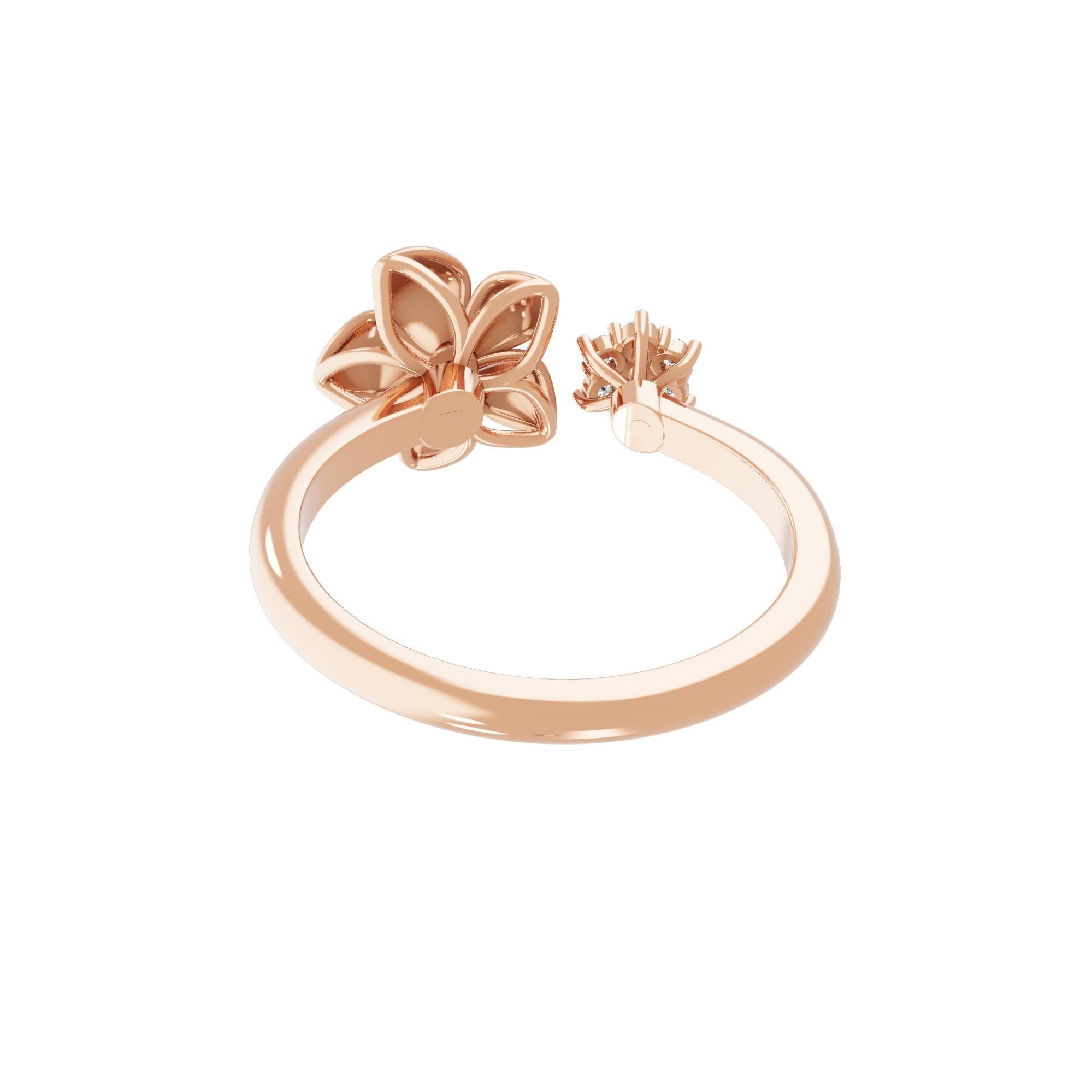 Taille ronde Real 0.12 Carat SI/H Round Diamond Flower Cuff Ring 14 Karat Rose Gold Jewelry en vente