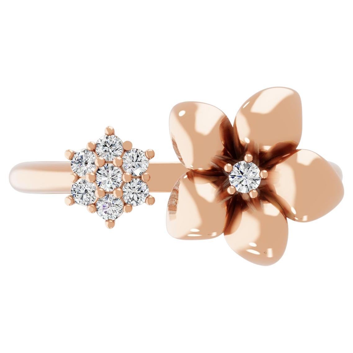 Real 0.12 Carat SI/H Round Diamond Flower Cuff Ring 14 Karat Rose Gold Jewelry