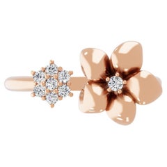 Real 0.12 Carat SI/H Round Diamond Flower Cuff Ring 14 Karat Rose Gold Jewelry