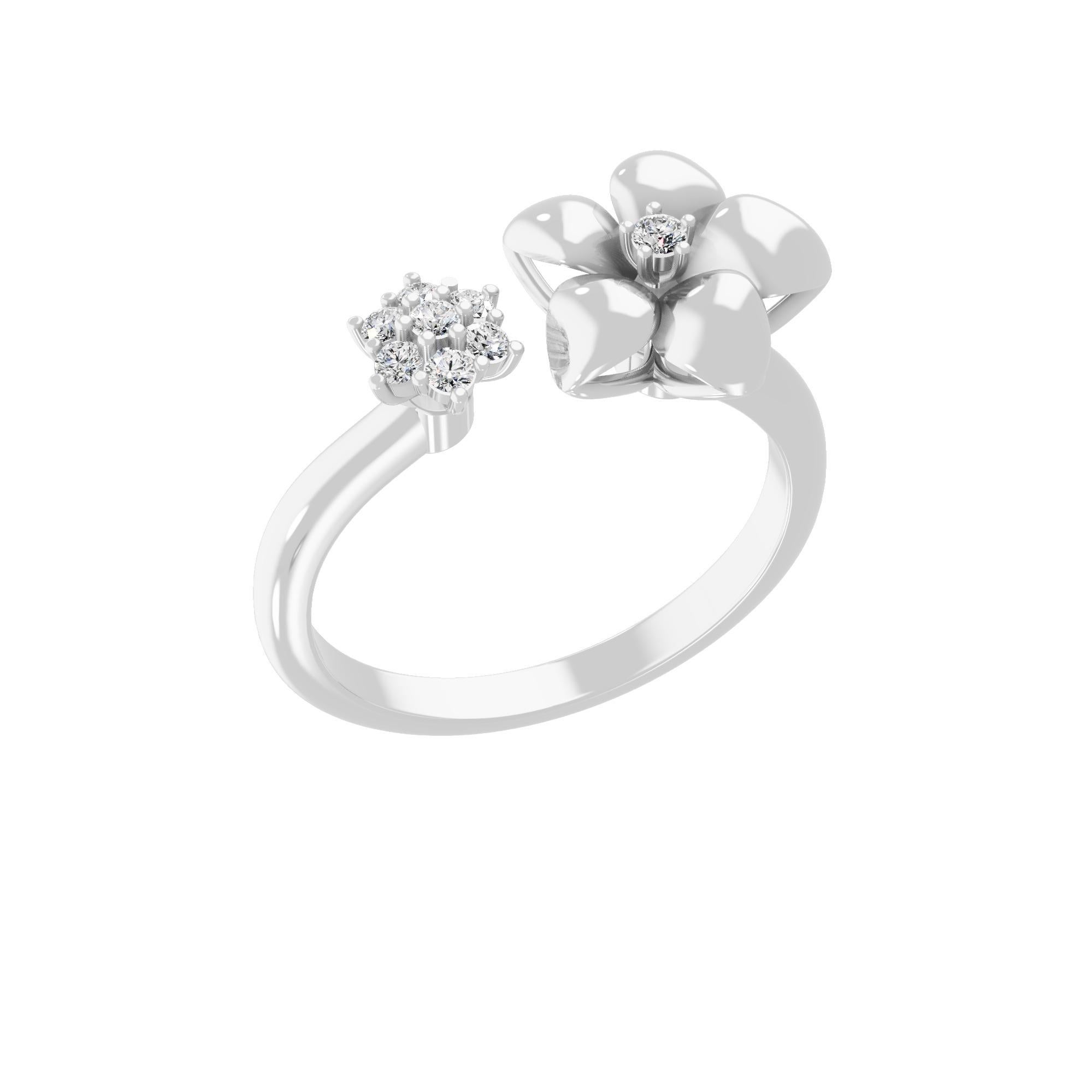 Real 0.12 Carat SI/H Round Diamond Flower Cuff Ring 14 Karat White Gold Jewelry Neuf - En vente à Diera, Dubai