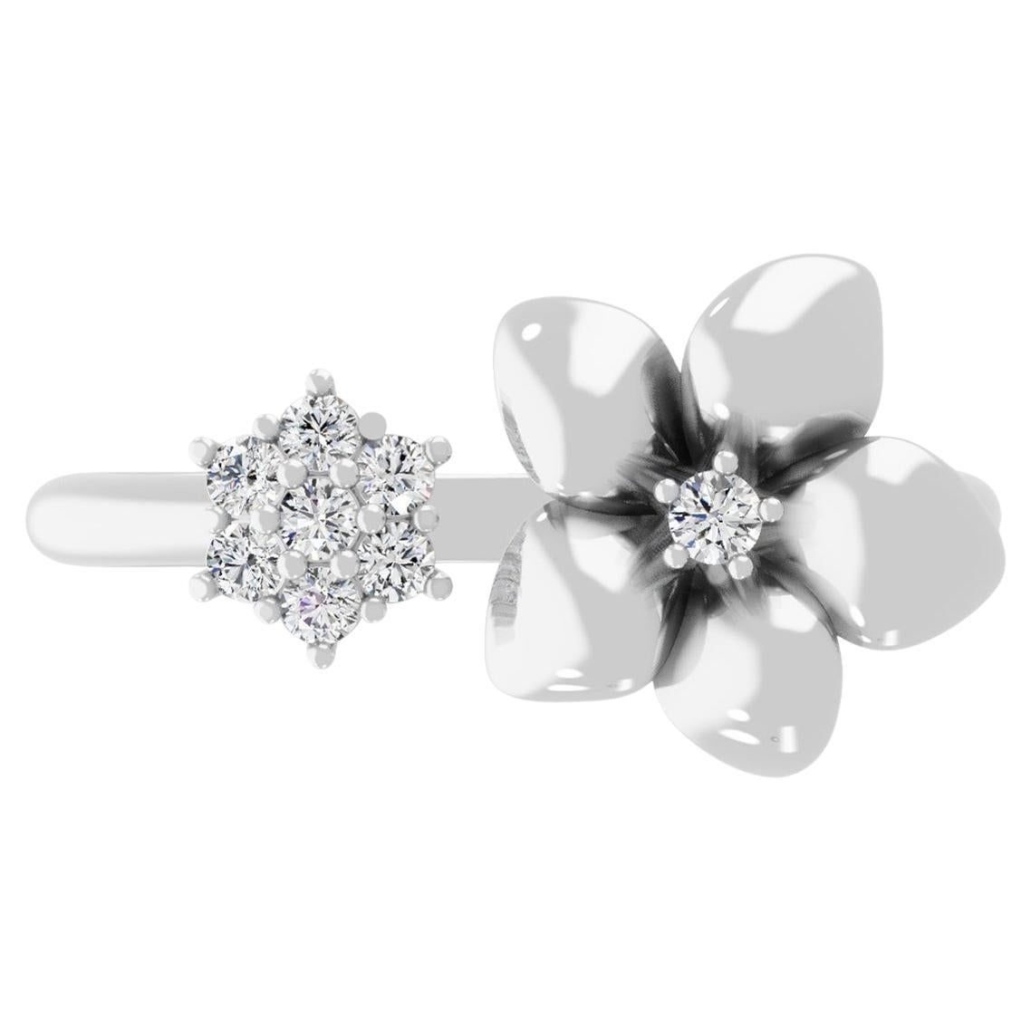 Real 0.12 Carat SI/H Round Diamond Flower Cuff Ring 14 Karat White Gold Jewelry en vente