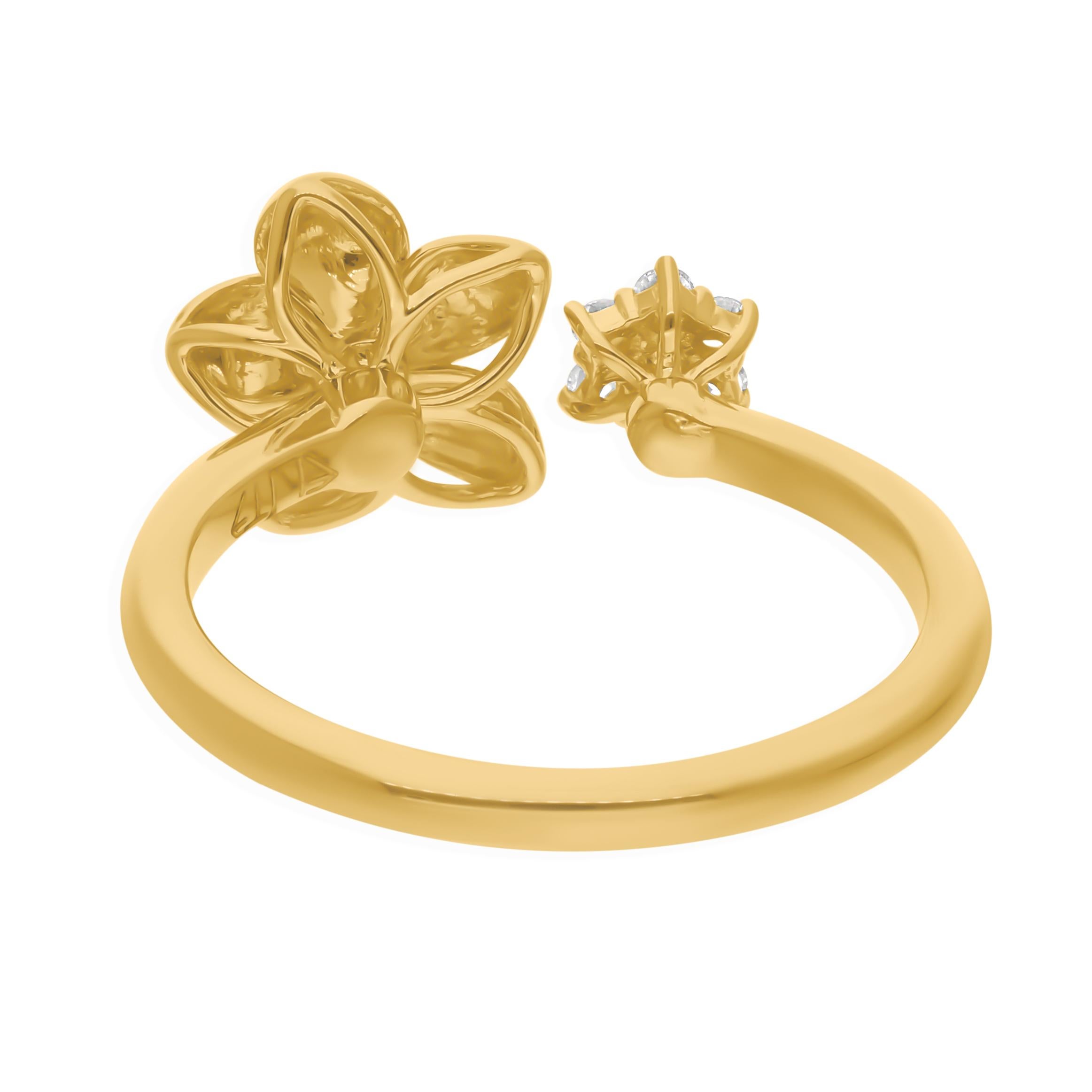 Moderne Bague manchette fleur en or jaune 14 carats avec diamants ronds 0,12 carat SI/H en vente