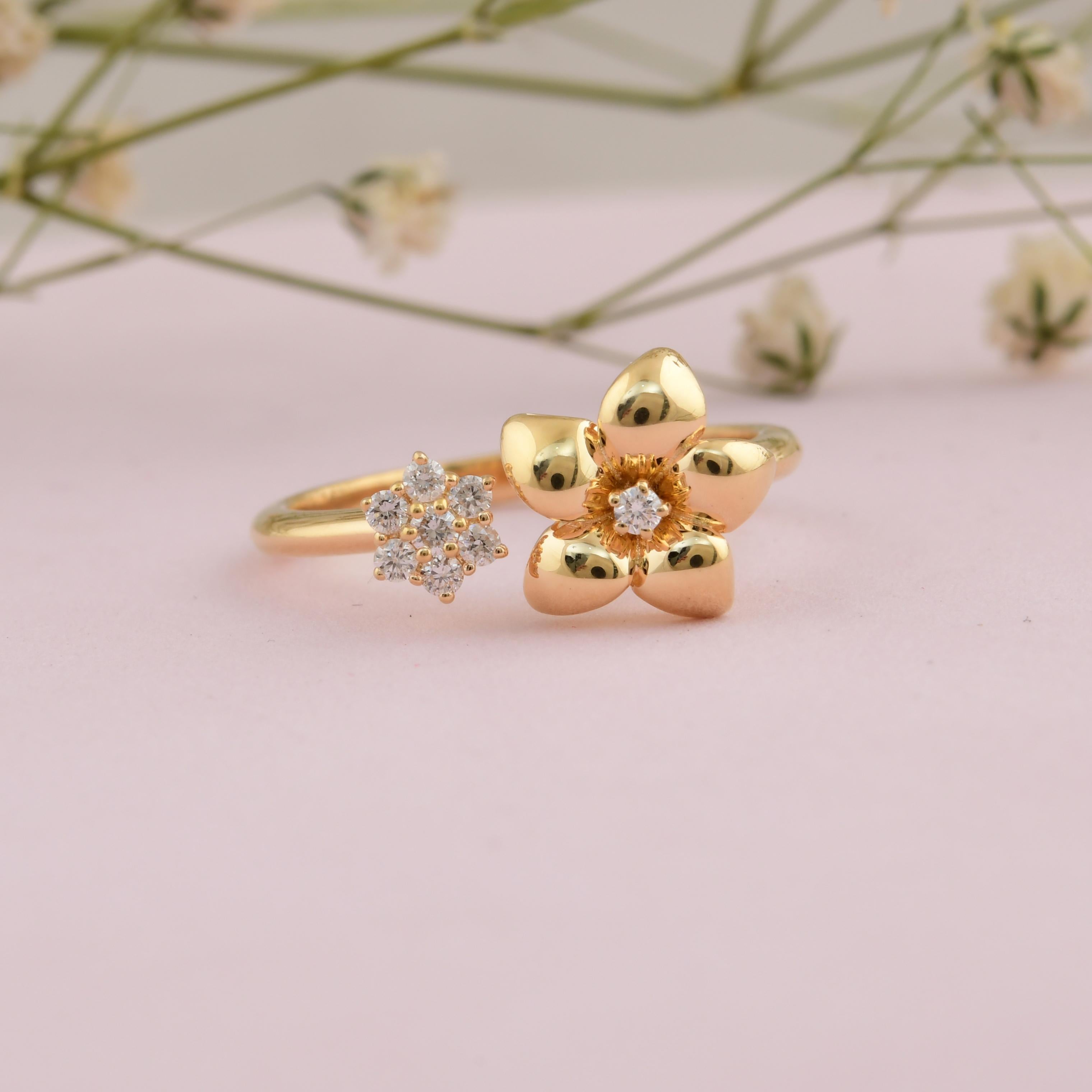 Taille ronde Bague manchette fleur en or jaune 14 carats avec diamants ronds 0,12 carat SI/H en vente