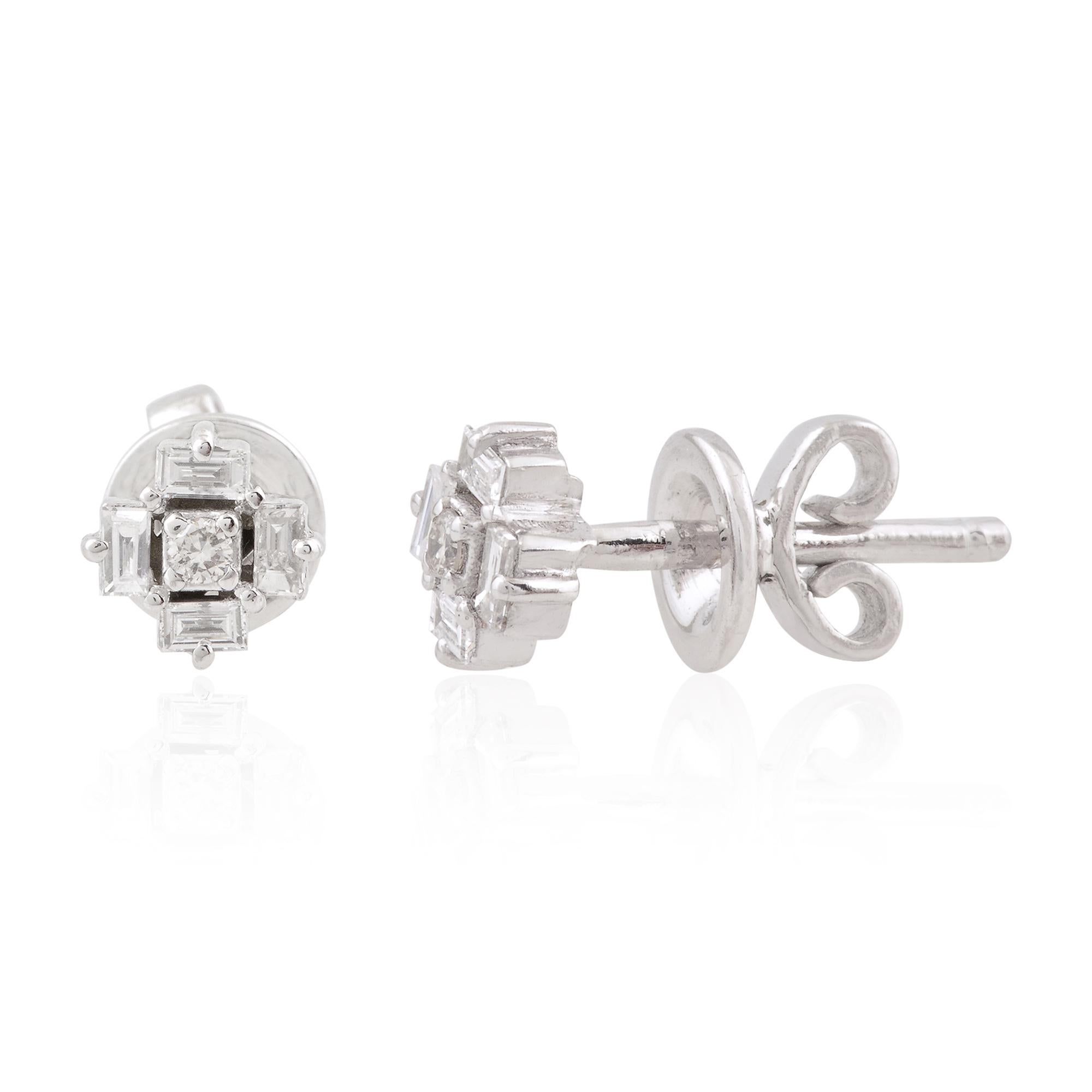 Modern Real 0.18 Carat SI/H Baguette Round Diamond Earrings 10 Karat White Gold Jewelry For Sale
