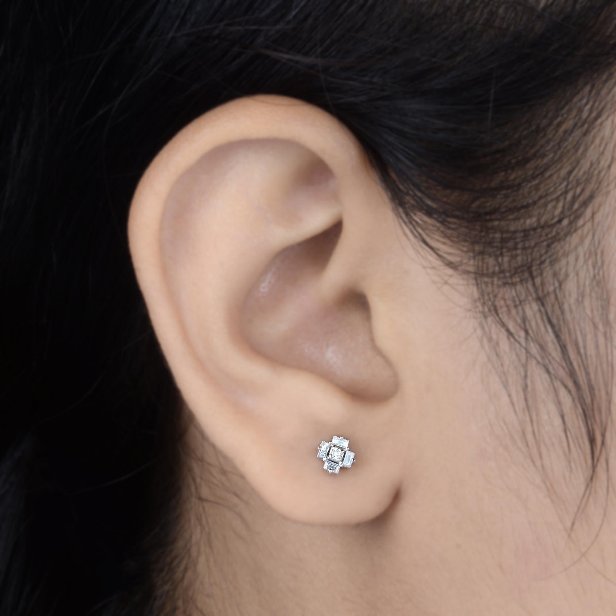 Baguette Cut Real 0.18 Carat SI/H Baguette Round Diamond Earrings 10 Karat White Gold Jewelry For Sale