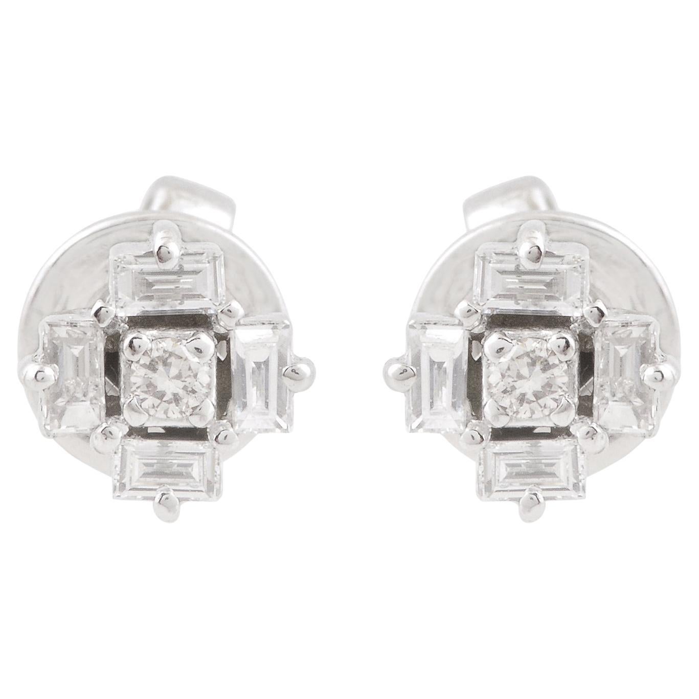 Real 0.18 Carat SI/H Baguette Round Diamond Earrings 10 Karat White Gold Jewelry For Sale