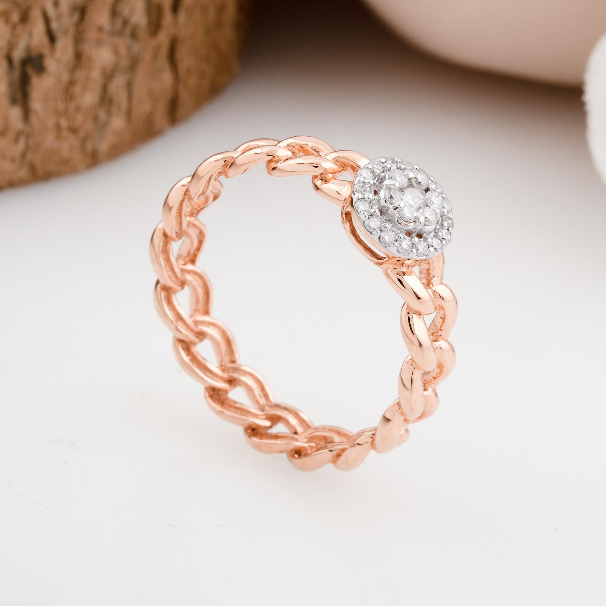 Round Cut Real 0.2 Carat SI Clarity HI Color Diamond Link Design Ring 18 Karat Rose Gold For Sale