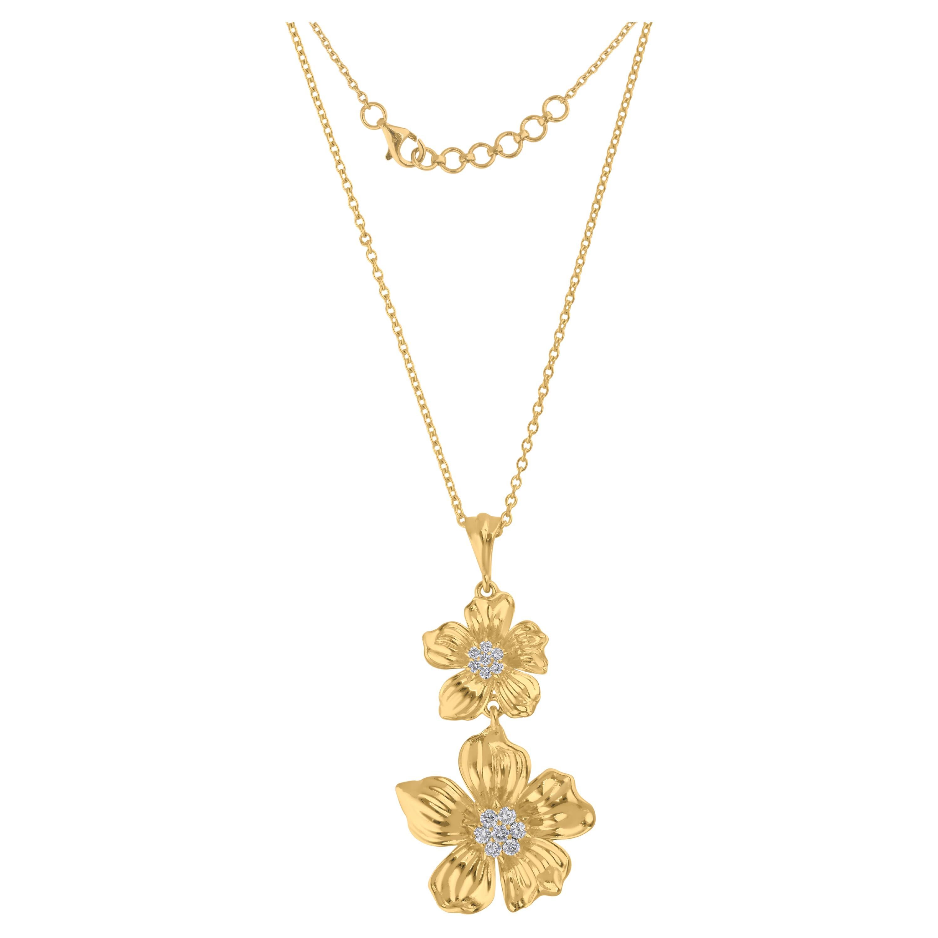 Real 0.23 Carat SI/H Round Diamond Flower Pendant Necklace 14 Karat Yellow Gold