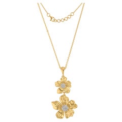 Collar Colgante Flor Diamante Redondo SI/H Real 0,23 Quilates Oro Amarillo 14 Kilates