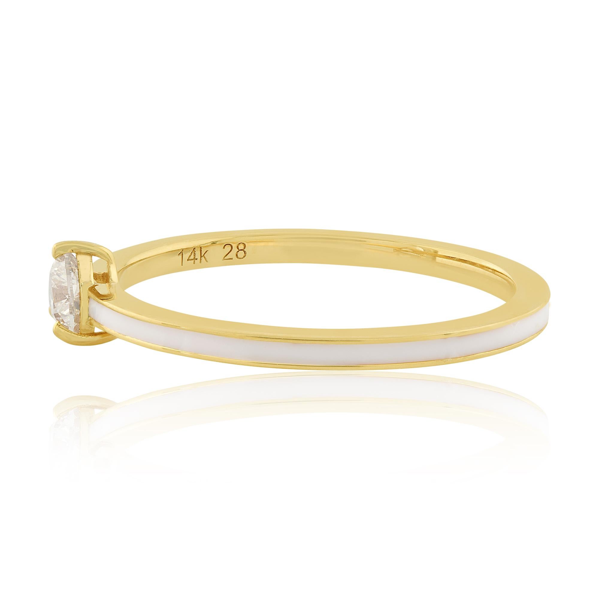 Modern Real 0.28 Carat Heart Diamond White Enamel Ring 14k Yellow Gold Handmade Jewelry For Sale