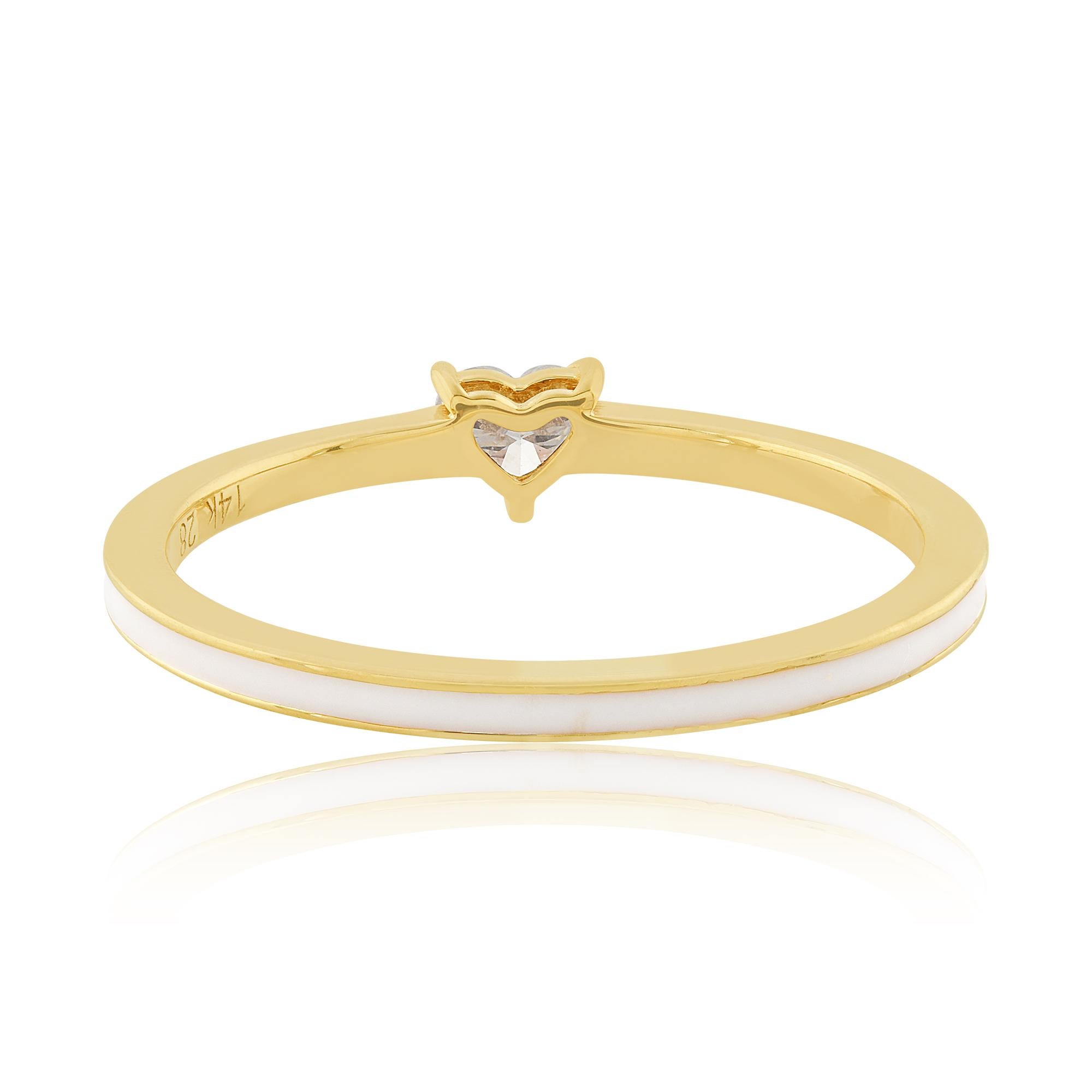 Heart Cut Real 0.28 Carat Heart Diamond White Enamel Ring 14k Yellow Gold Handmade Jewelry For Sale