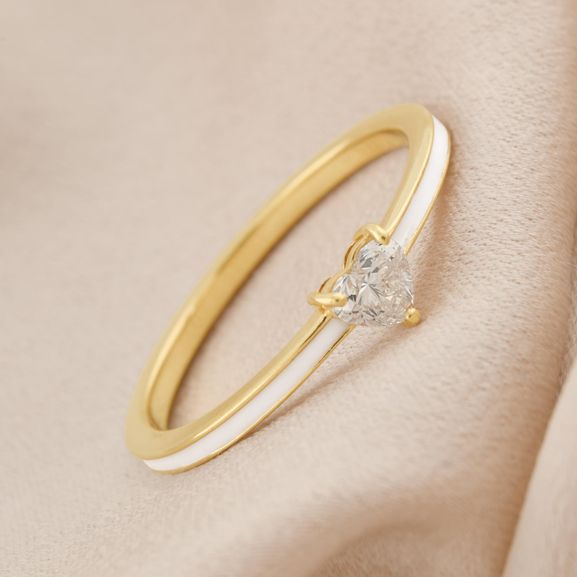 Women's Real 0.28 Carat Heart Diamond White Enamel Ring 14k Yellow Gold Handmade Jewelry For Sale