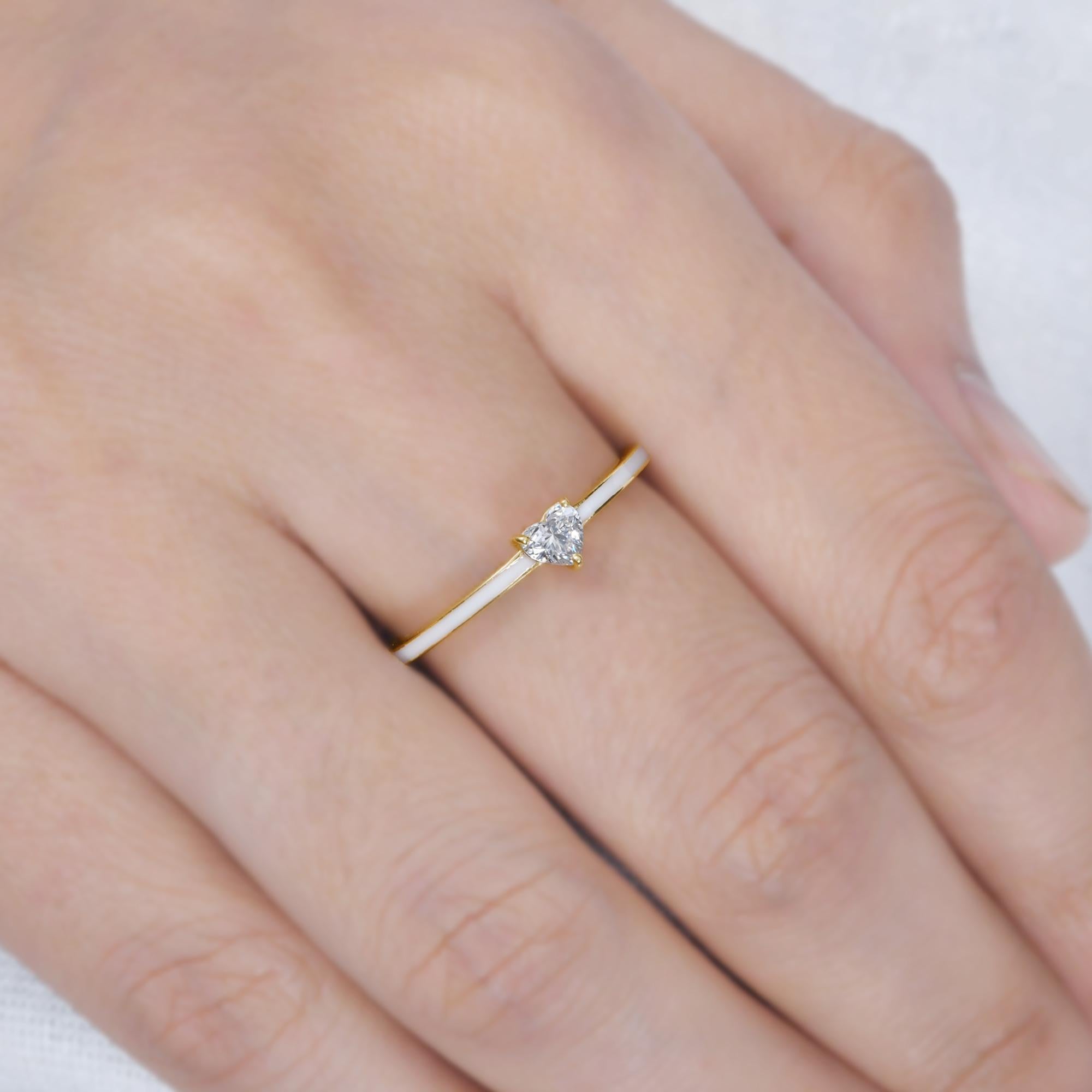 Real 0.28 Carat Heart Diamond White Enamel Ring 14k Yellow Gold Handmade Jewelry For Sale 1