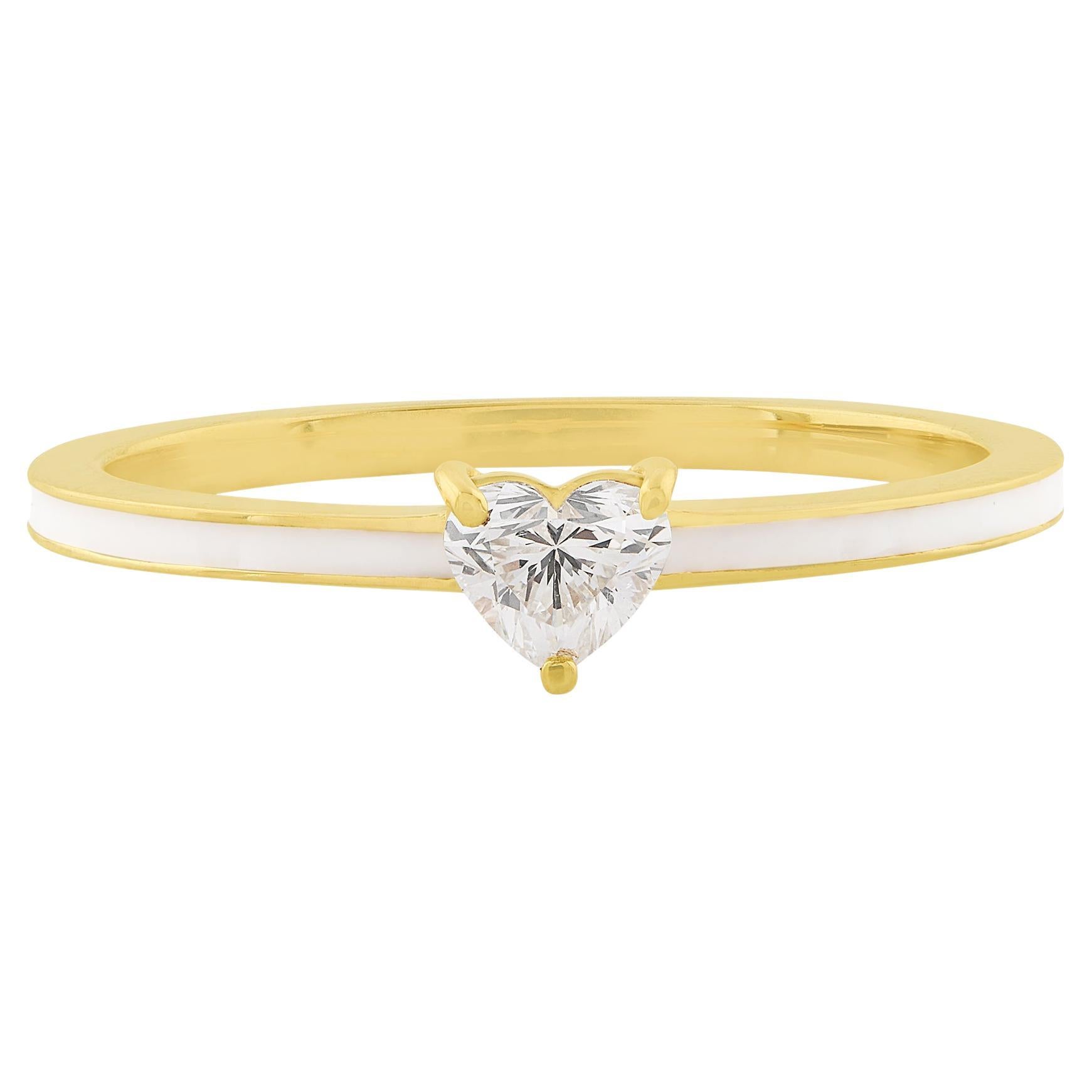 Real 0.28 Carat Heart Diamond White Enamel Ring 14k Yellow Gold Handmade Jewelry