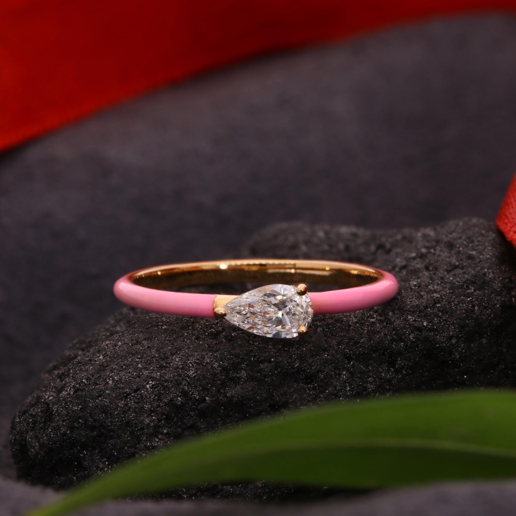 For Sale:  Real 0.3 Carat SI Clarity HI Color Pear Diamond Enamel Ring 14 Karat Yellow Gold 5