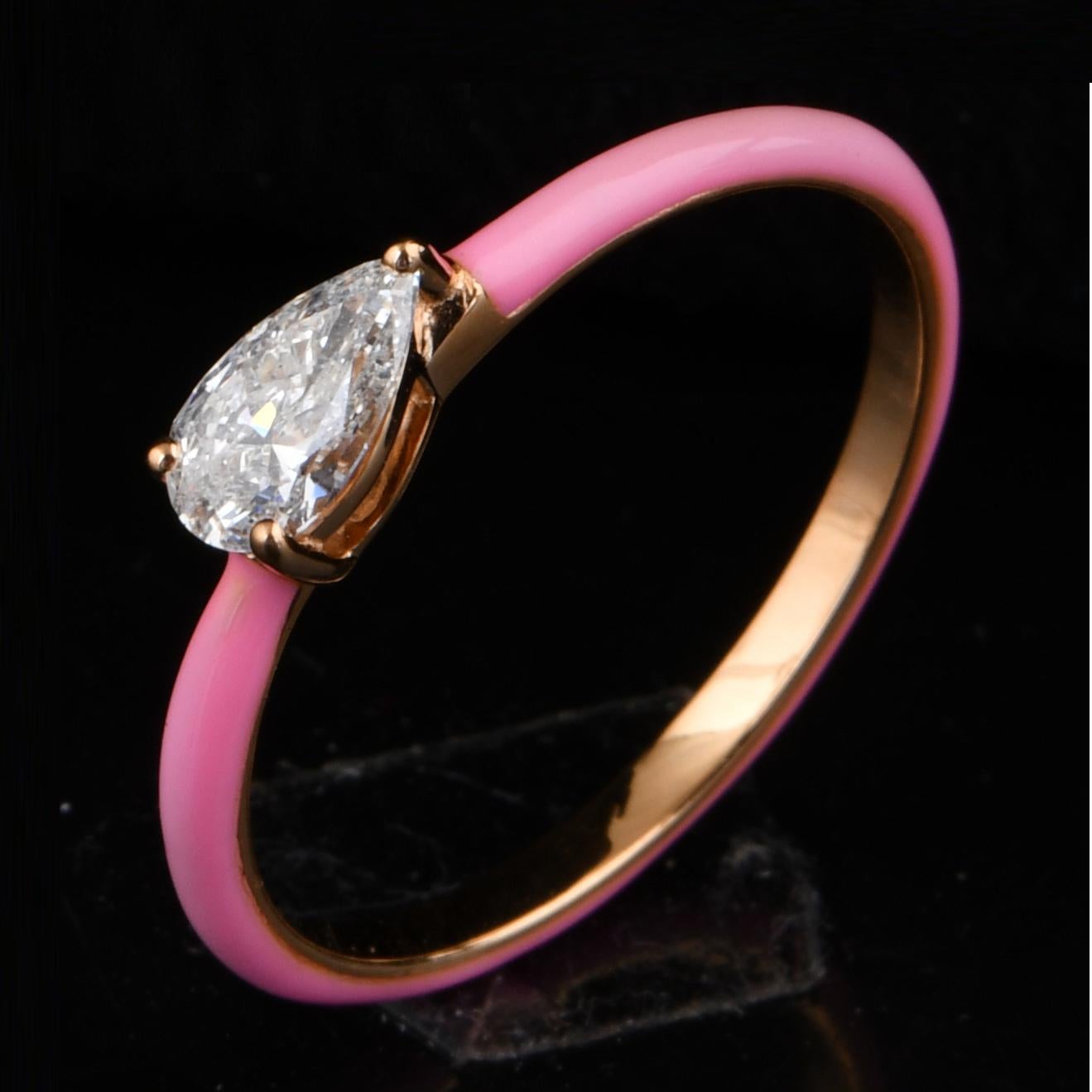 For Sale:  Real 0.3 Carat SI Clarity HI Color Pear Diamond Enamel Ring 14 Karat Yellow Gold 6