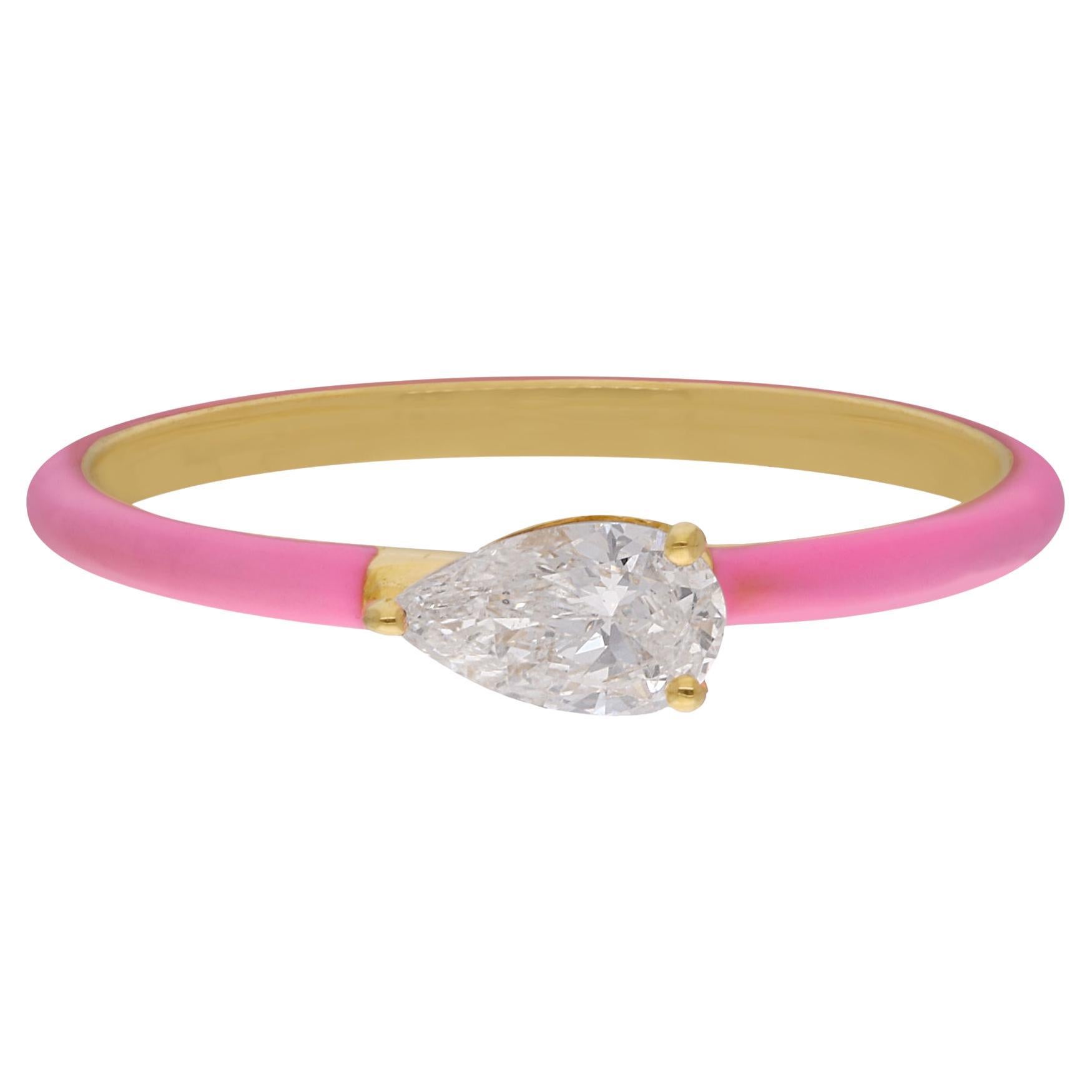 For Sale:  Real 0.3 Carat SI Clarity HI Color Pear Diamond Enamel Ring 14 Karat Yellow Gold