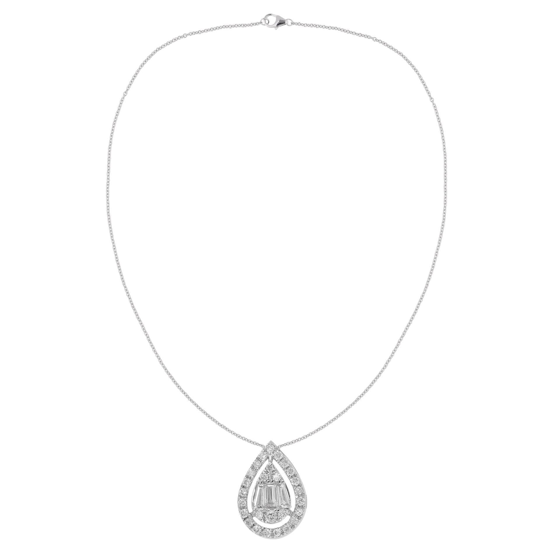 Real 0.30 Carat Baguette & Round Diamond Pear Charm Necklace 18 Karat White Gold