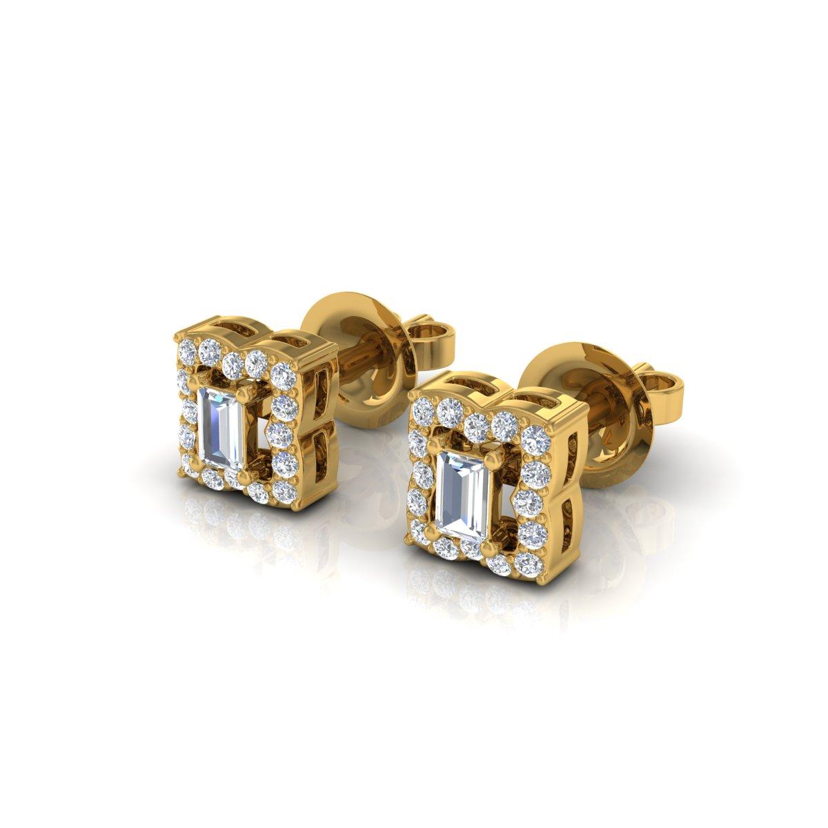 Baguette Cut Real 0.31 Carat SI Clarity HI Color Diamond Flower Stud Earrings 18k Yellow Gold For Sale