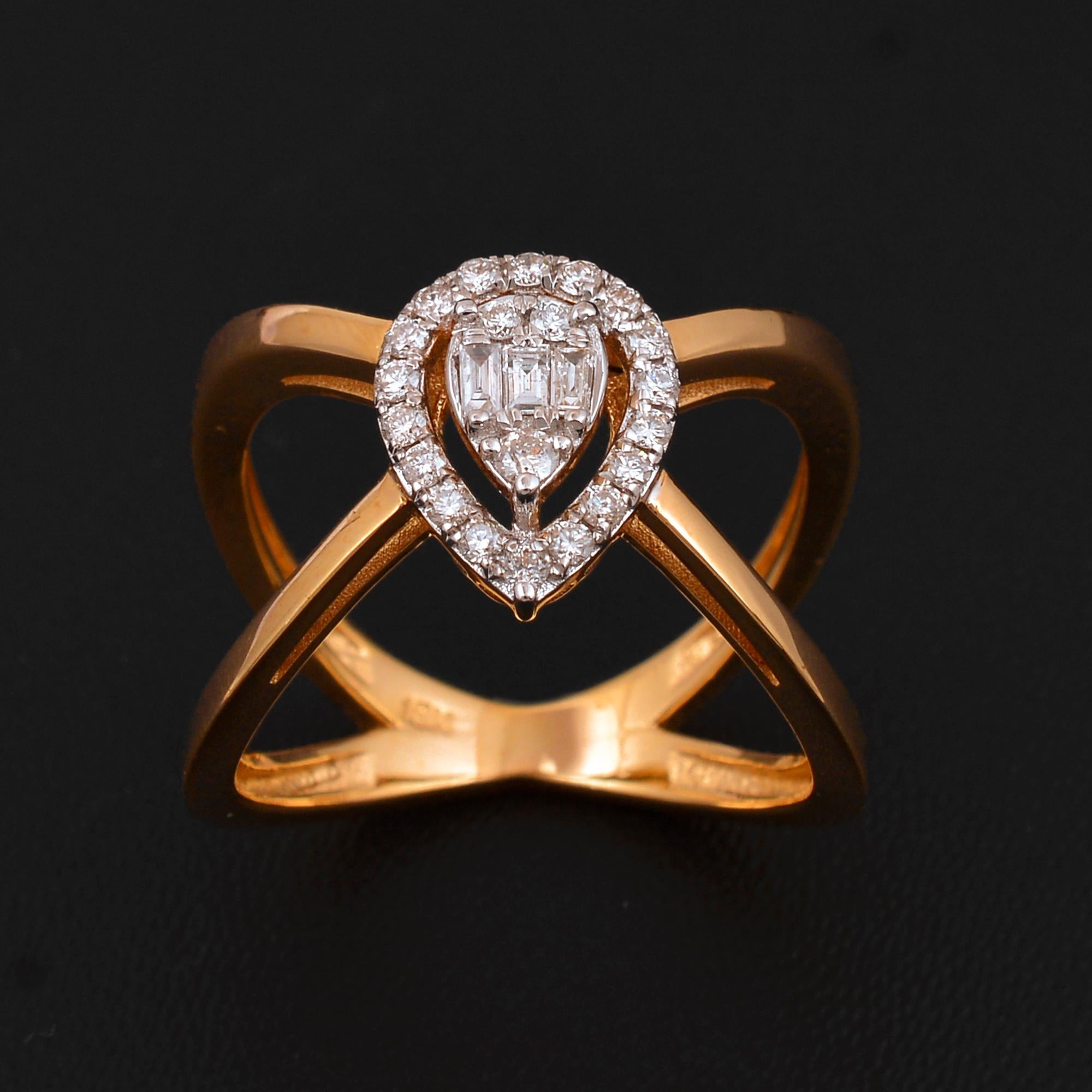 Taille ronde Bague croix croisée réelle en or rose 18 carats avec diamants 0,35 carat, faite à la main en vente