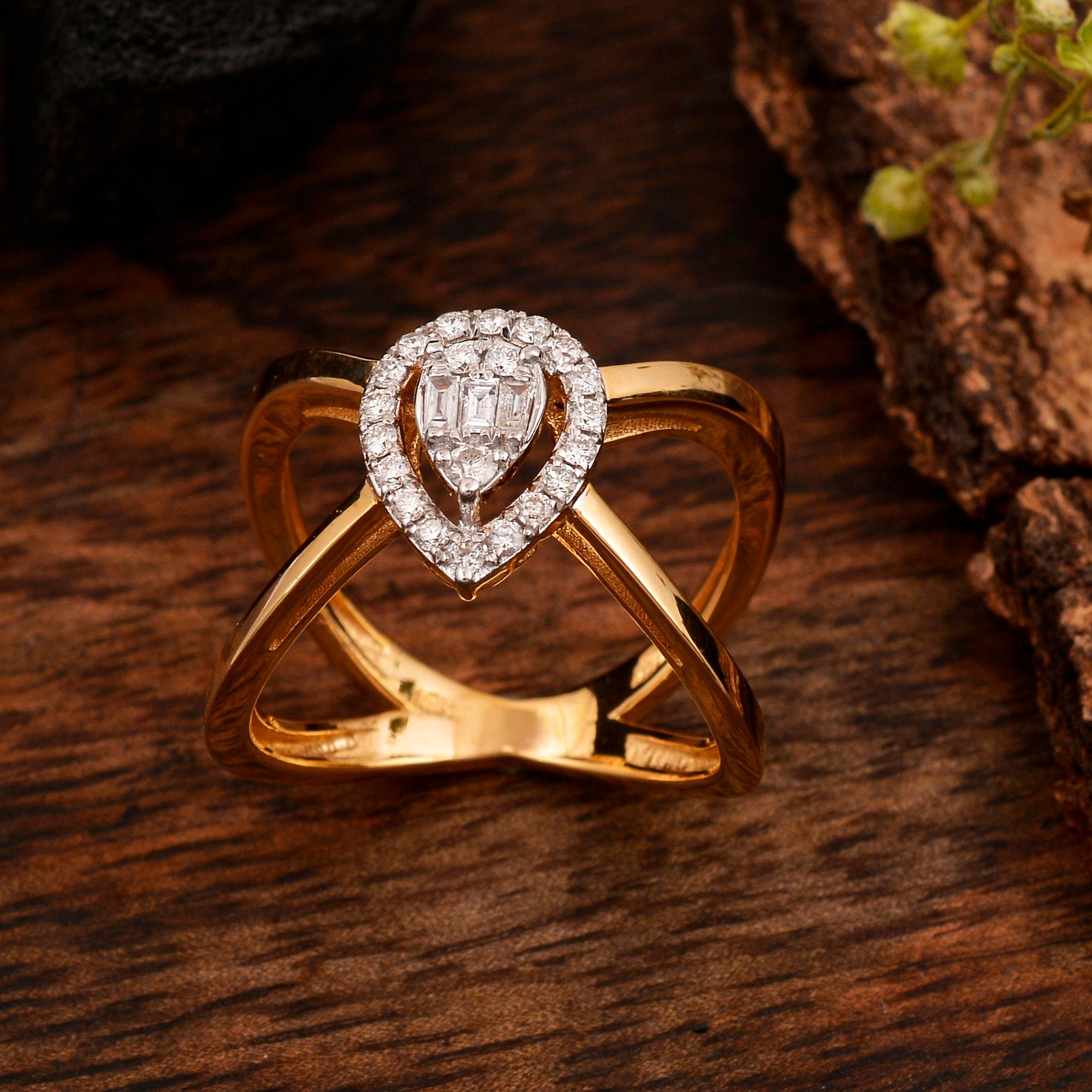 Women's Real 0.35 Carat Diamond Criss Cross Ring 18 Karat Rose Gold Handmade Jewelry For Sale