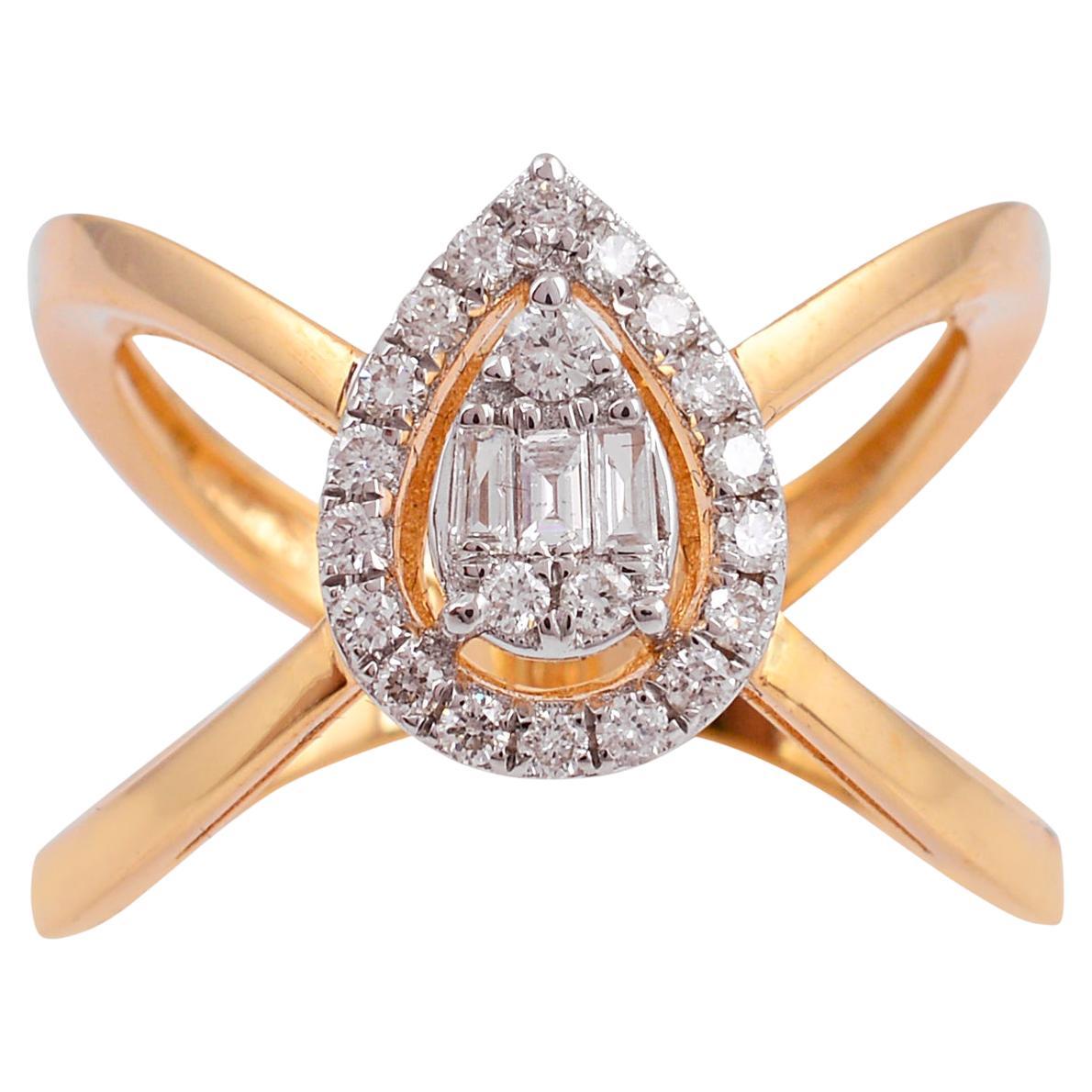 Real 0.35 Carat Diamond Criss Cross Ring 18 Karat Rose Gold Handmade Jewelry For Sale