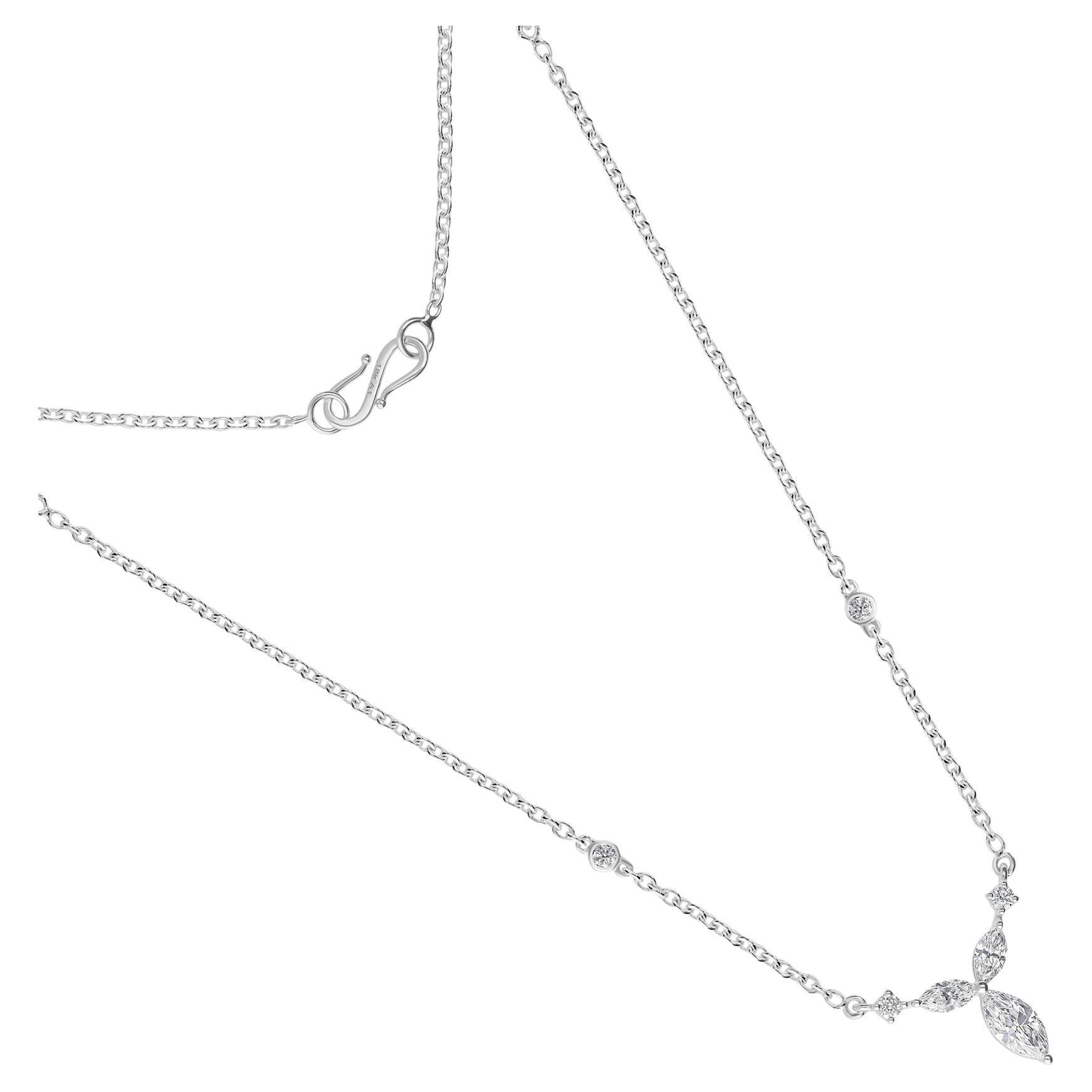 Real 0.58 Carat SI/H Marquise Round Shape Diamond 18 Karat White Gold Necklace