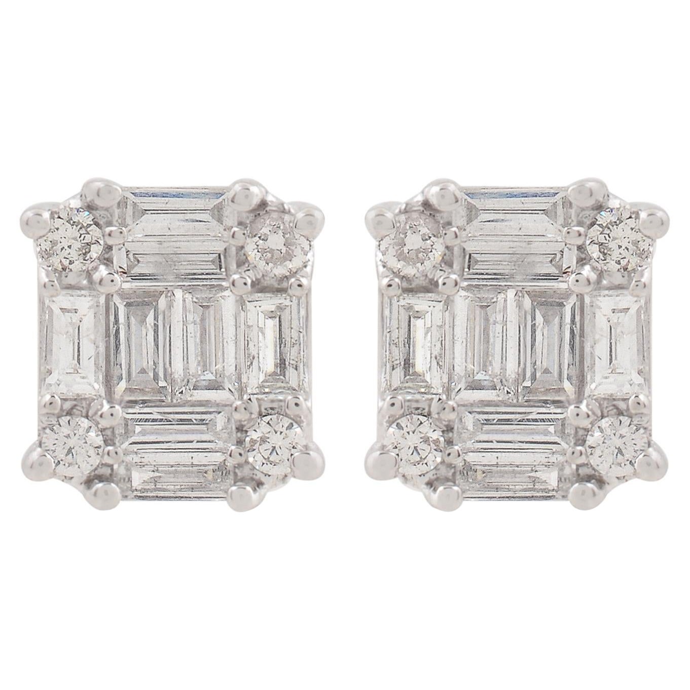 Clous d'oreilles en or blanc 18 carats avec diamants ronds et baguettes SI/HI de 0,58 carat